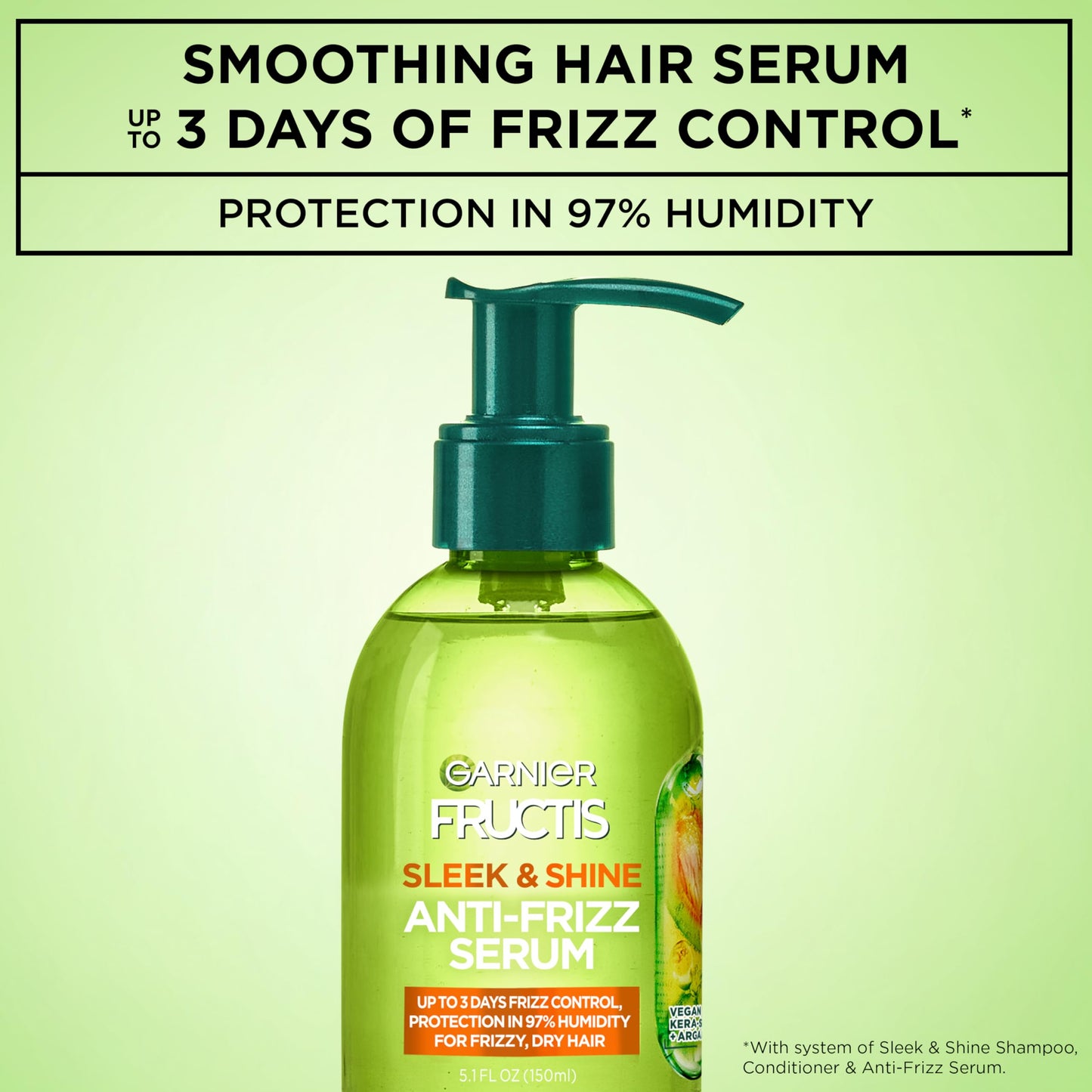Garnier Fructis Sleek & Shine Anti-Frizz Serum, Leave-In Hair Treatment with Vegan Kera System + Argan Oil, Up to 72HR Frizz Control and Humidity Beauty & Personal Care Garnier