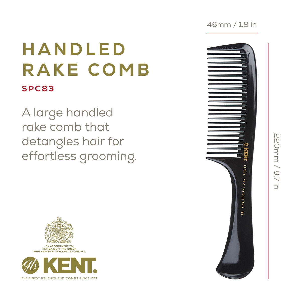 Kent SPC83 Black Salon-Style Barber Comb and Dressing Cutting Detangler with Wide Teeth - Professional Barber Wide Tooth Comb for Styling for Medium