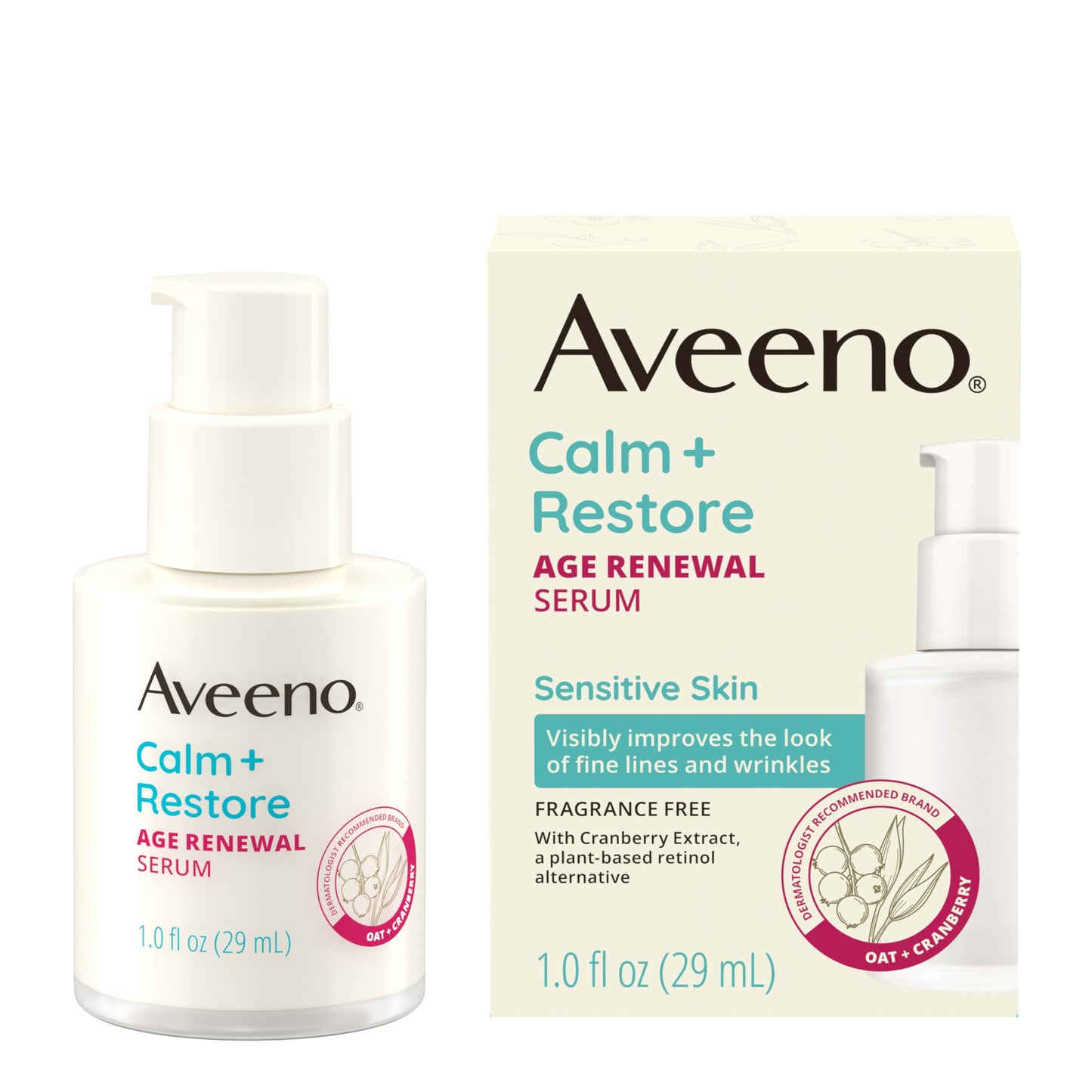 Aveeno Calm + Restore Age Renewal Anti-Wrinkle Face Serum, Anti Aging Serum with Nourishing Oat & Cranberry Extract Visibly Improves the Look of Fine Beauty & Personal Care Aveeno