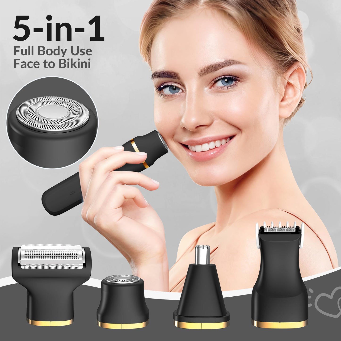 KINGTEE 5-in-1 Electric Bikini Trimmer for Women - IPX7 Waterproof Shaver, Cordless Body & Facial Razors for Women, Ceramic Blades, USB-C Beauty and Personal Care KINGTEE
