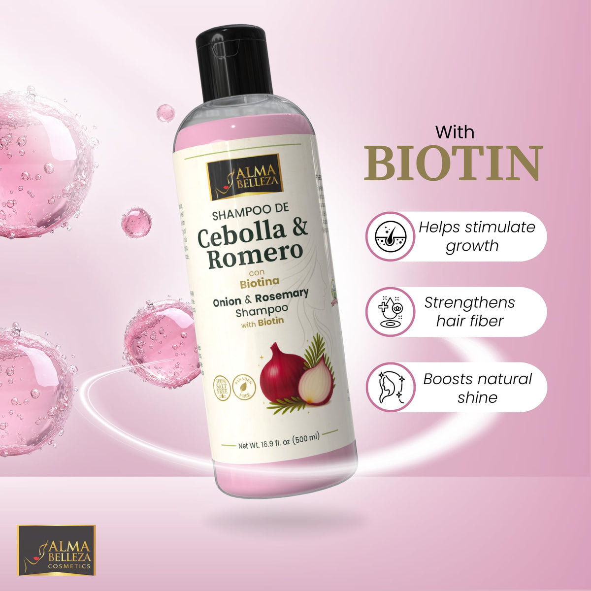 Alma Belleza Onion & Rosemary Shampoo with Biotin - Gentle Cleansing Shampoo for Shine, Strength & Manageability - Paraben Free, Salt Free - 16.9 fl