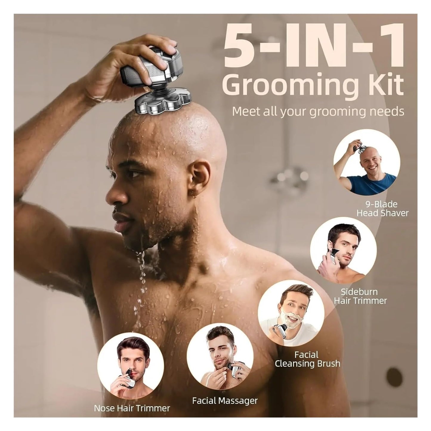 9D Head Shavers For Bald Men - 5 In 1 Detachable Electric Razor, IPX7 Waterproof Wet & Dry Shaver, Rechargeable Cordless Shaver For Smooth Bald Head Beauty and Personal Care PWVFXHYF