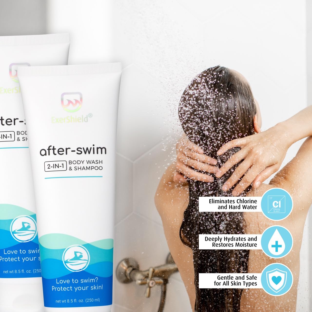 Exershield 2 in 1 Chlorine Body Wash and Chlorine Shampoo for Swimmers - After Swim Chlorine Odor Removal Body Wash and Swimmer Shampoo; NEW IMPROVED Beauty & Personal Care Exershield