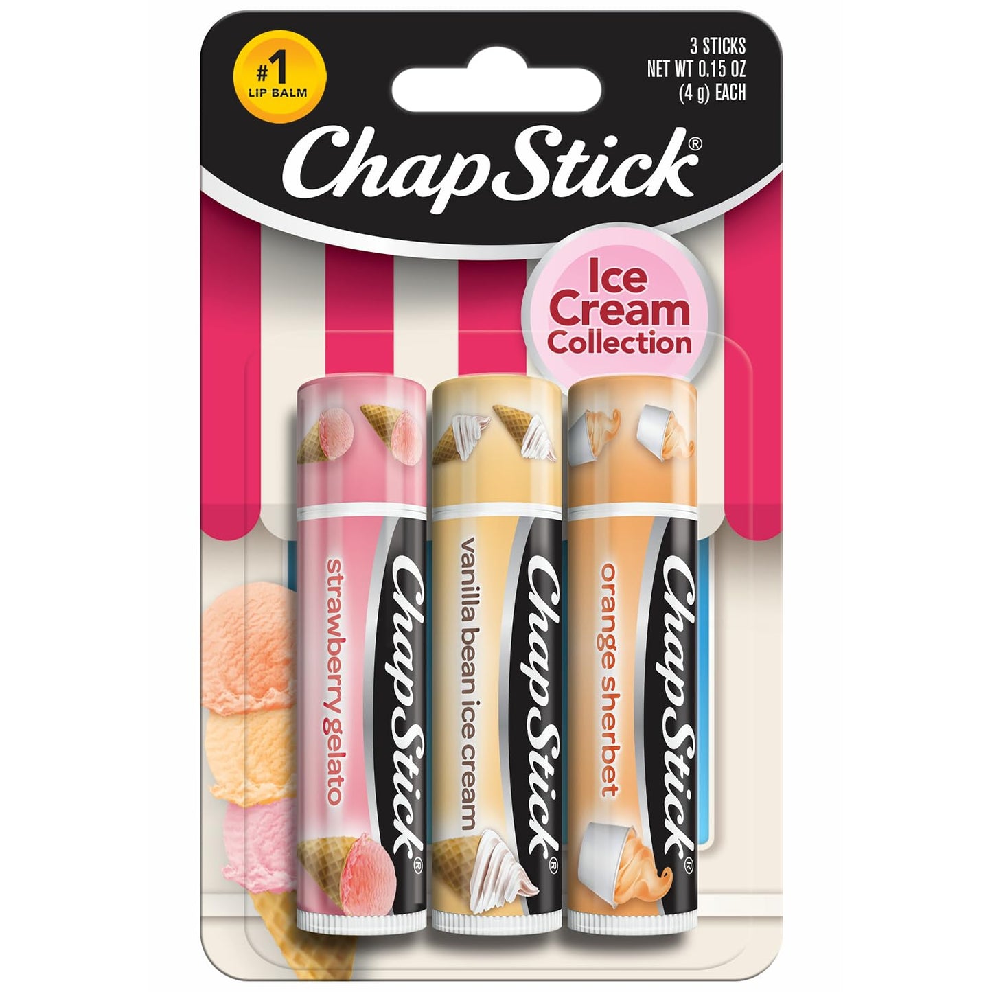 ChapStick Lip Care Set, Ice Cream Collection 3-Pack - Strawberry Gelato, Vanilla Bean Ice Cream, Orange Sherbet Lip Balm, 0.15 Oz Ea Beauty and Personal Care ChapStick