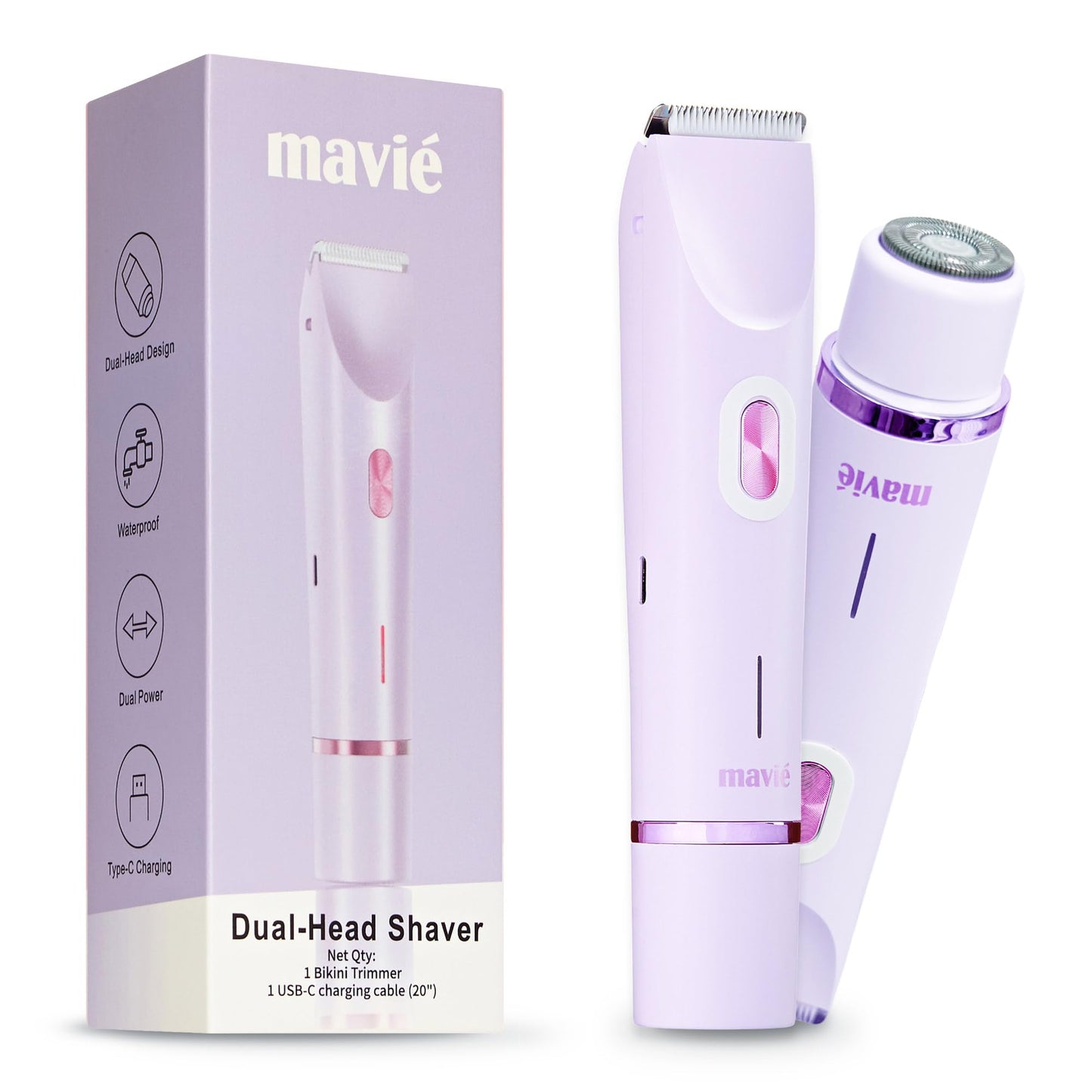MAVIÉ Dual Head Bikini Trimmer for Women, Electric Razor for Face & Body, Painless Hair Removal Tool, Precision & Body Shaving Heads, Cordless Beauty and Personal Care MAVIÉ