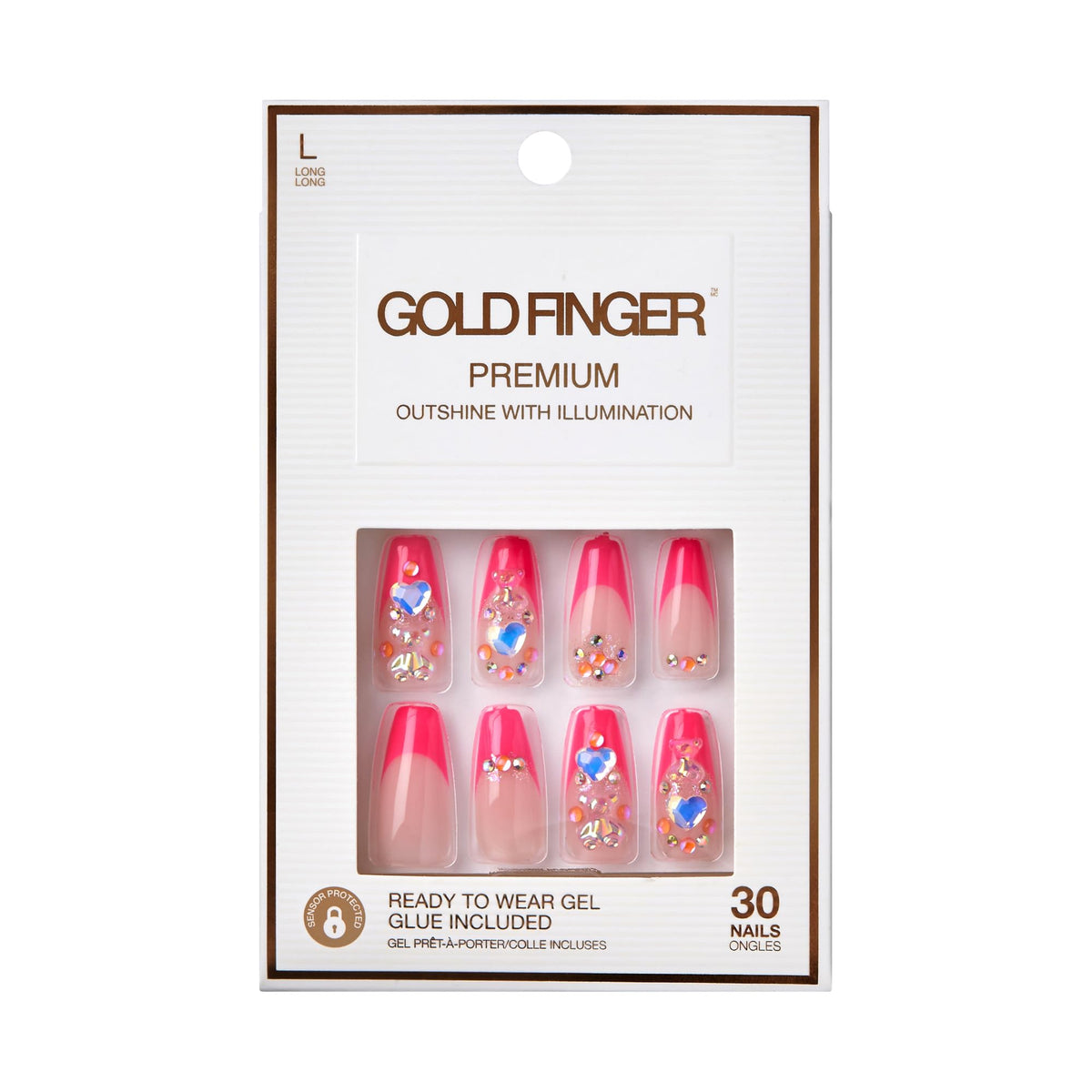 GoldFinger Premium Luxury False Nails Kit, Ready to Wear Pink French Nails, Manicure Stick and Glue Included, Long Coffin Shape with 3D Rhinestones