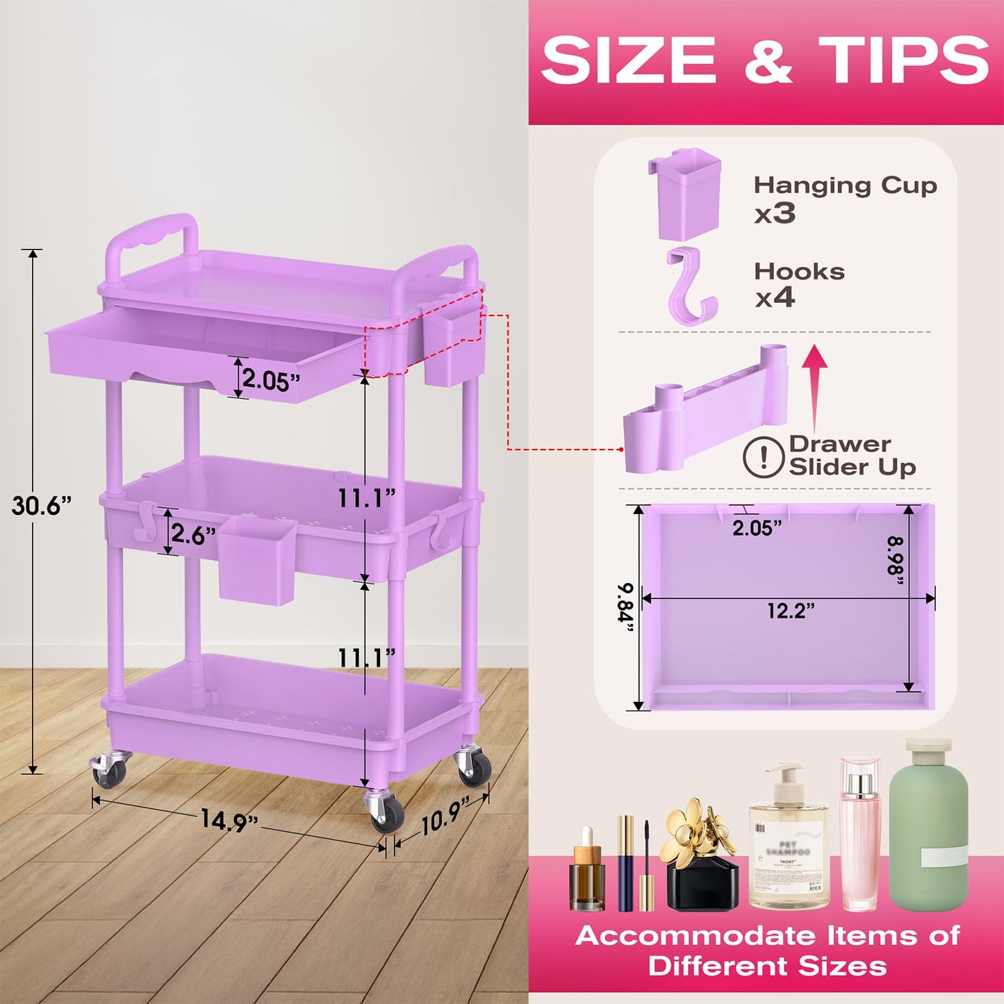 Goovilla Rolling Makeup Organizer Cart with Removable Drawer, 3 Tier Stable Purple Floor Skincare Storage Cart for Vanity, Cosmetic Display, Nail Beauty and Personal Care Goovilla