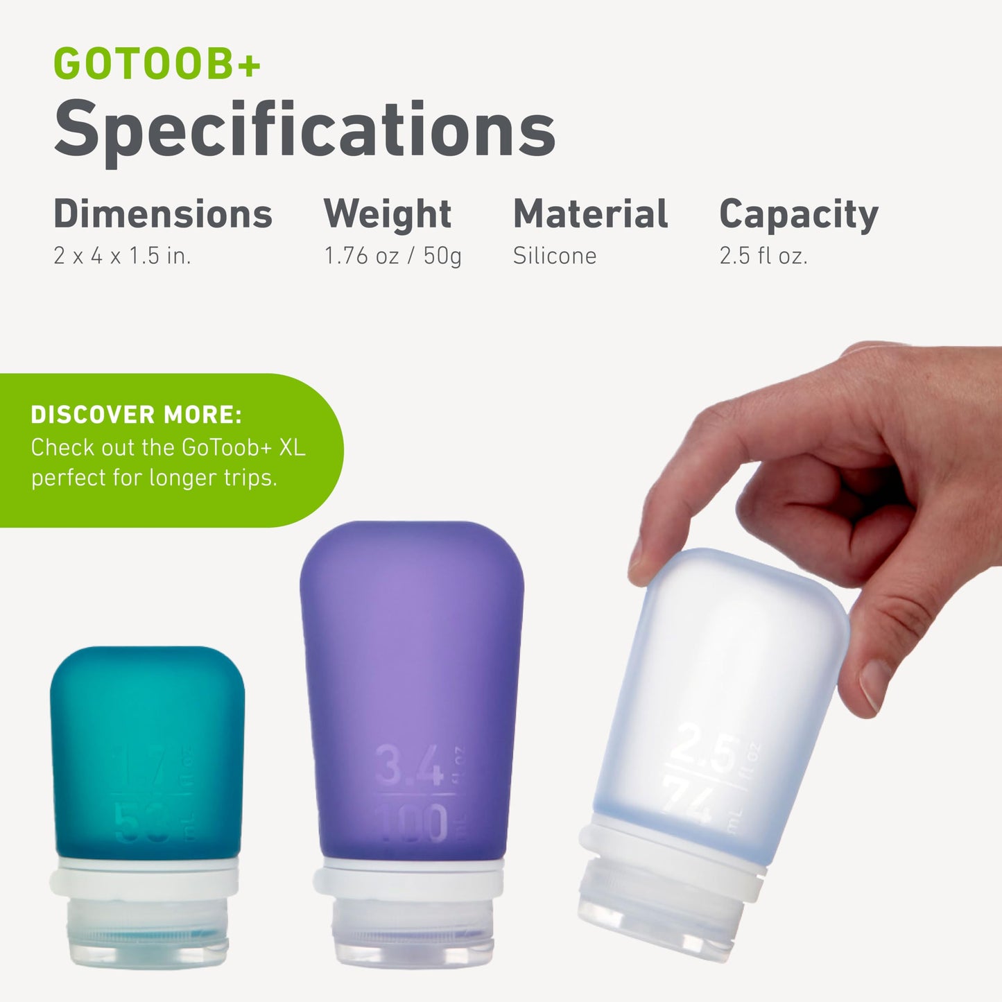 humangear GoToob+ Bottles - Silicone Leak-Proof Travel Tubes for Toiletries, Camping & TSA Carry-On (3-Pack), Medium (2.5 fl oz; 74ml) Beauty and Personal Care humangear