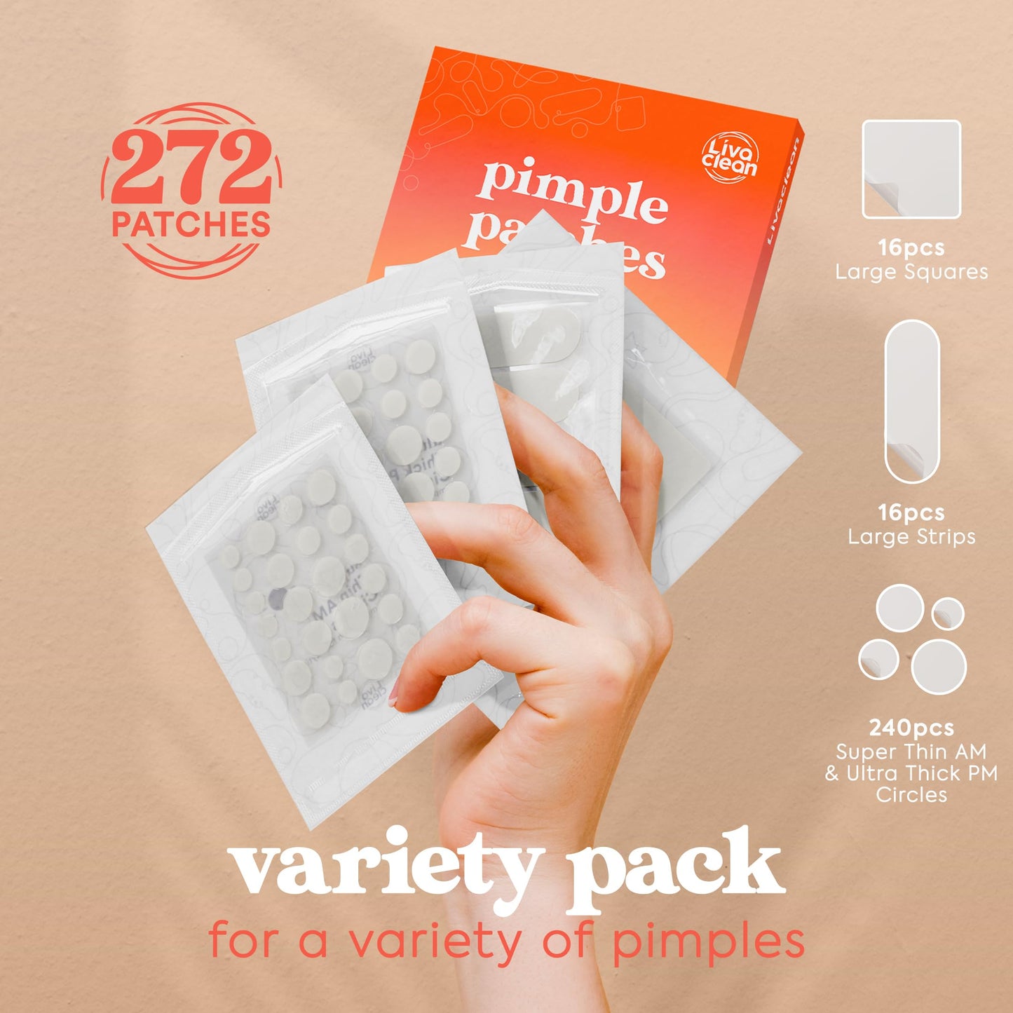 272CT Pimple Patches For Face - Variety Pack Hydrocolloid Acne Patches - Hydrocolloid Patch for Chin, Forehead, Body - Acne Dots, Pimple Patch Strips Beauty and Personal Care LivaClean