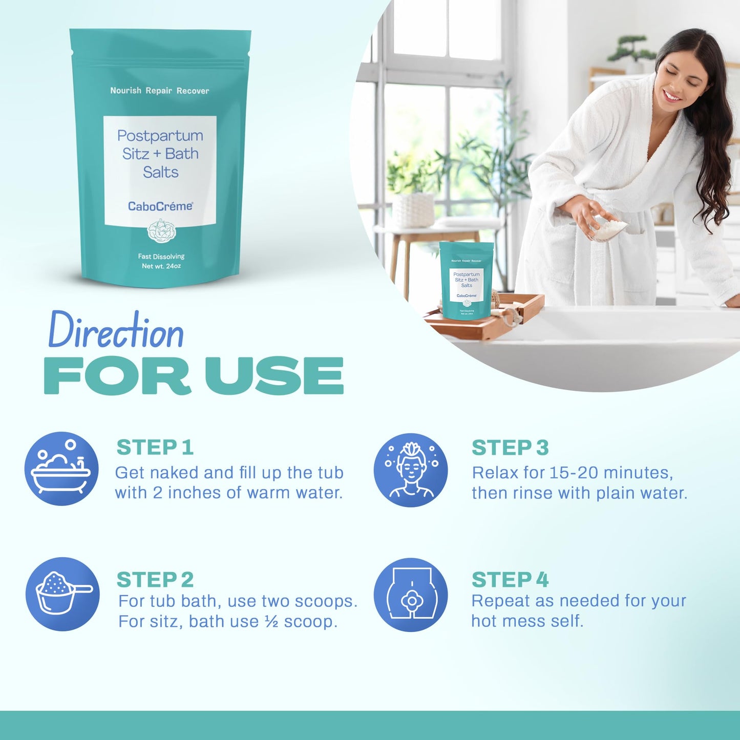 CaboCréme Postpartum Sitz + Bath Salts - 24oz - Postpartum Bath Soak for Perineal Care, Healing Tears, Swelling & Hemorrhoids - Dead Sea Salt Beauty and Personal Care Cabocreme