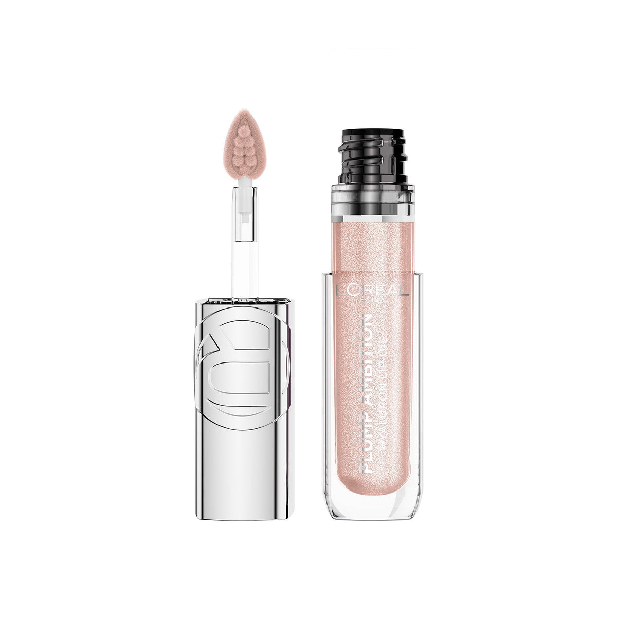 L'Oreal Paris Plump Ambition Hyaluron Lip Oil Shimmer, 24 HR Lip Gloss with Hyaluronic Acid, Volumizing Formula with Glass-Like Shine, Nude Lights