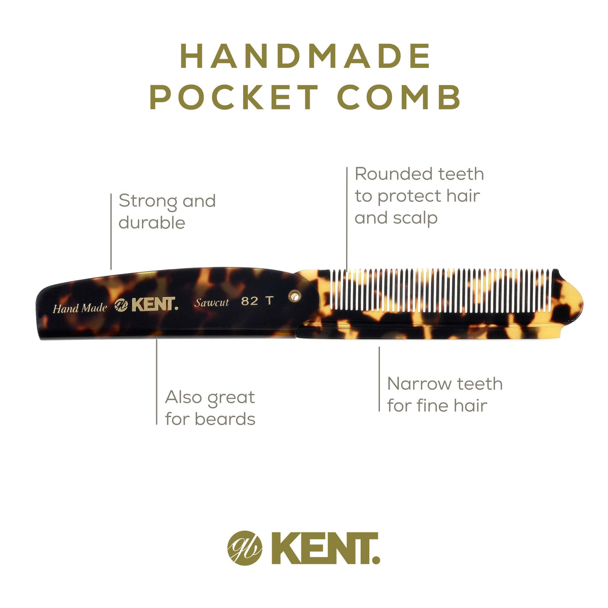 Kent 82T TY Handmade Folding Pocket Comb for Men, Fine Tooth Hair Comb Straightener for Everyday Grooming Styling Hair, Beard or Mustache, Use Dry or