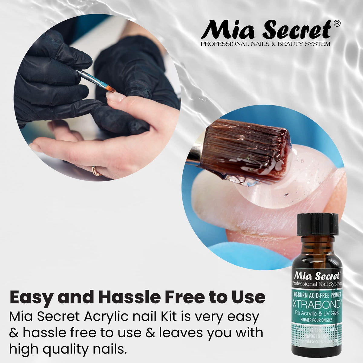 Mia Secret Acrylic Nail Kit: 1/2 oz liquid monomer, 1/2 oz clear acrylic powder, ultra quick nail glue, 1/2 oz ultra gloss top coat, fancy 20 nail