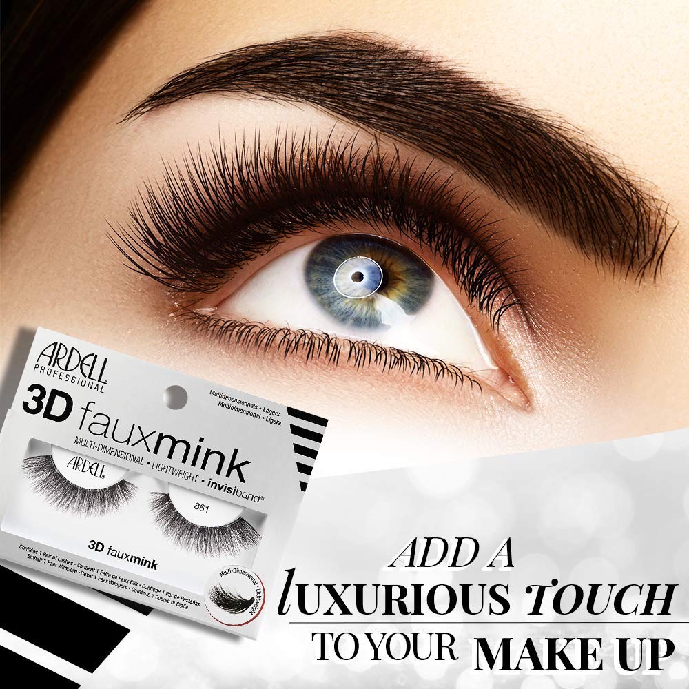Ardell False Eyelashes 3D Faux Mink Lashes, 861 - Lightweight Reusable Strip Lashes with Invisiband, Ultra-Fluffy Volume for a Bold and Dramatic Look