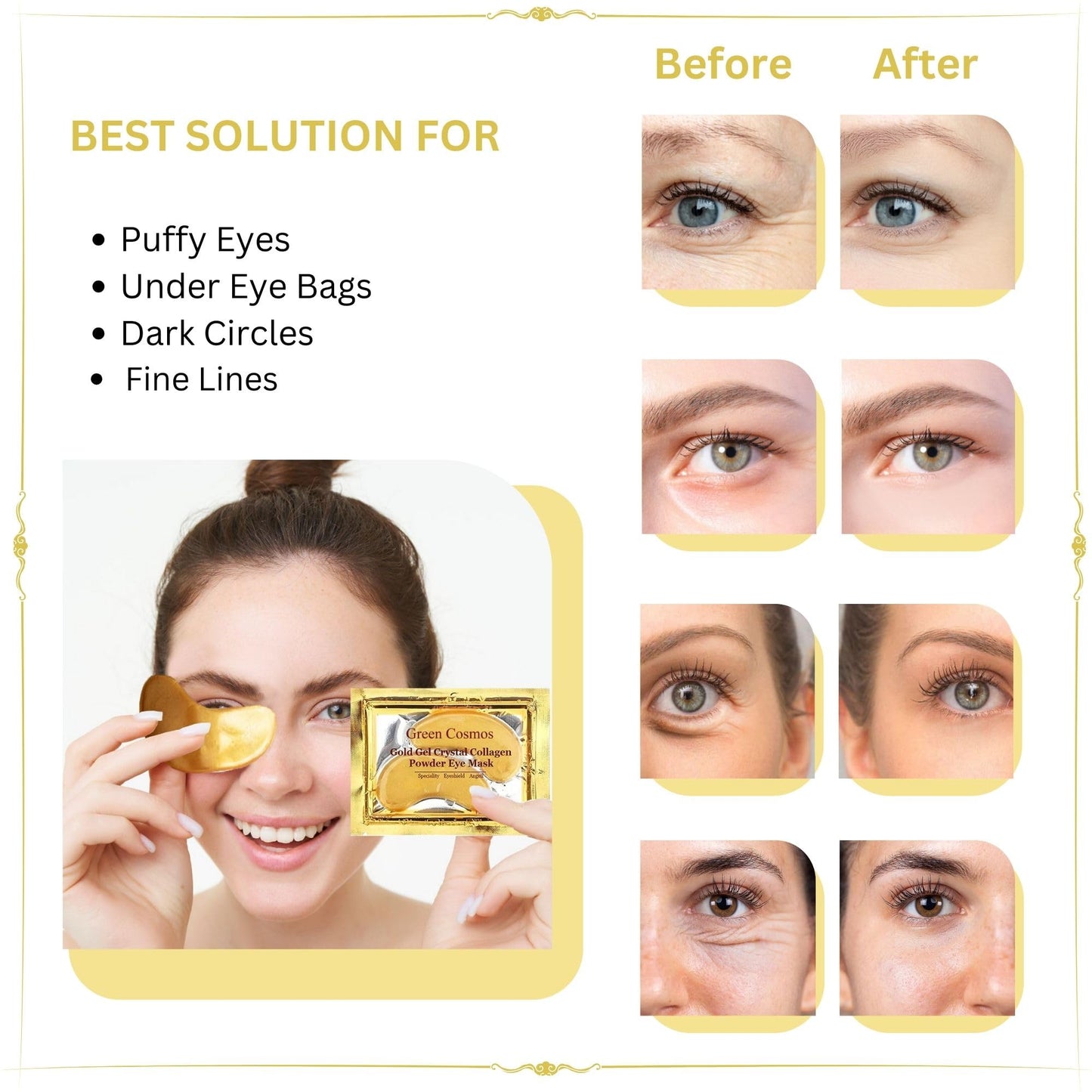 Green Cosmos 30 Pairs 24k Gold Under Eye Patches, Gold Crystal Collagen Eye Mask, Dark Circles Treatments, Removes Under Eye Bags, Collagen Gel Pads Beauty & Personal Care Green Cosmos