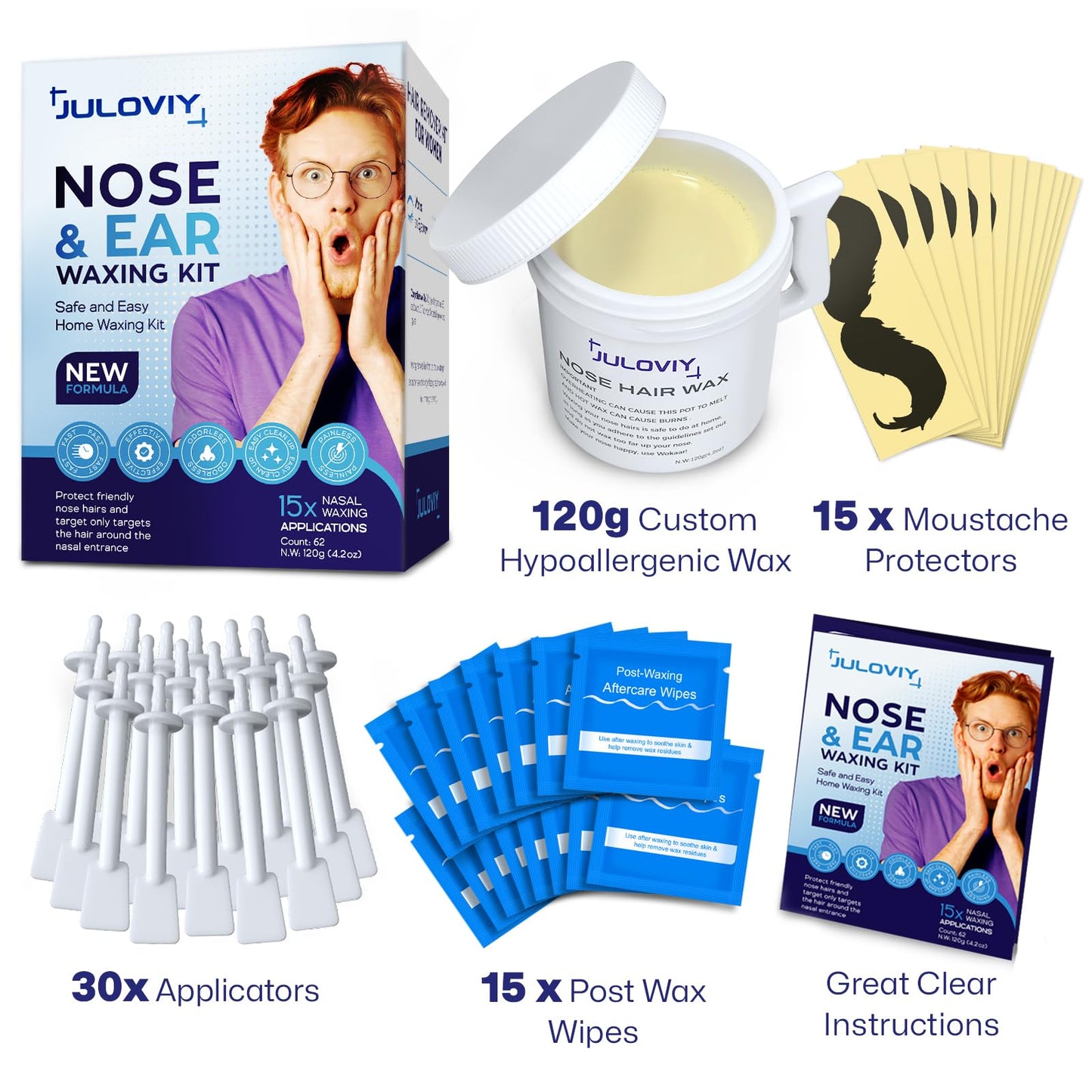 Nose Wax Kit, 120 g Wax, 30 Applicators,Nostril and Ears Hair Removal Kit for Men & Women,Includes 15 Balm Wipes and Mustache Guards etc. Lasts up Beauty and Personal Care Juloviy