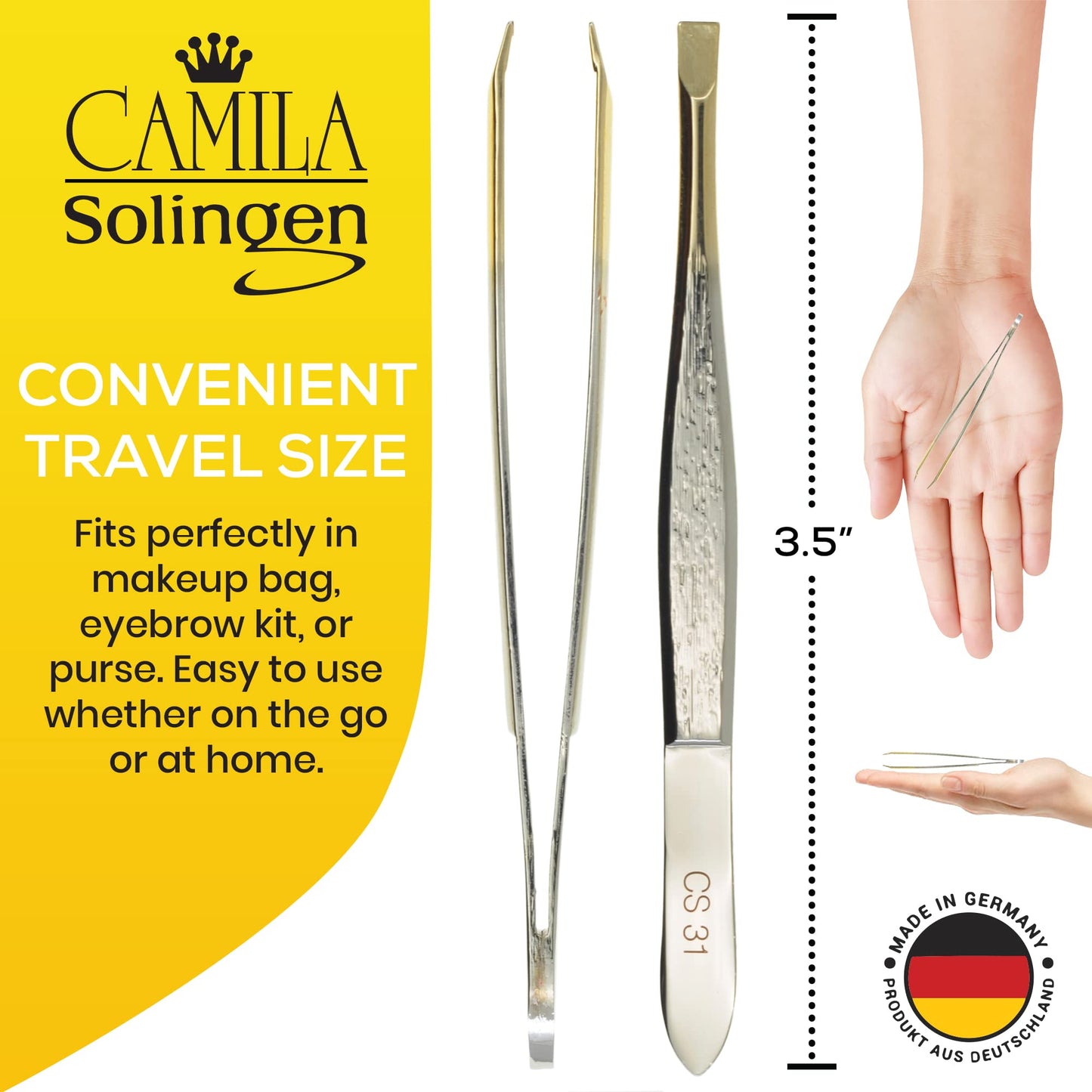 Camila Solingen CS31 3 1/2" Gold Tipped, Surgical Grade, German Carbon Steel Tweezers (Straight) - Flawless Facial Hair and Eyebrow Shaping Beauty and Personal Care Camila Solingen