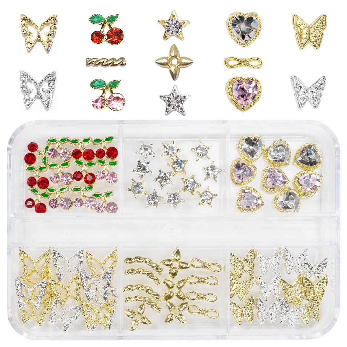 qiipii 56 Pcs Cute Charms for Nails Cherry Butterfly Heart Star Kawaii Crystals Pink Red Rhinestones Gems Golden Silver 3D Alloy Studs Nail Art Charms