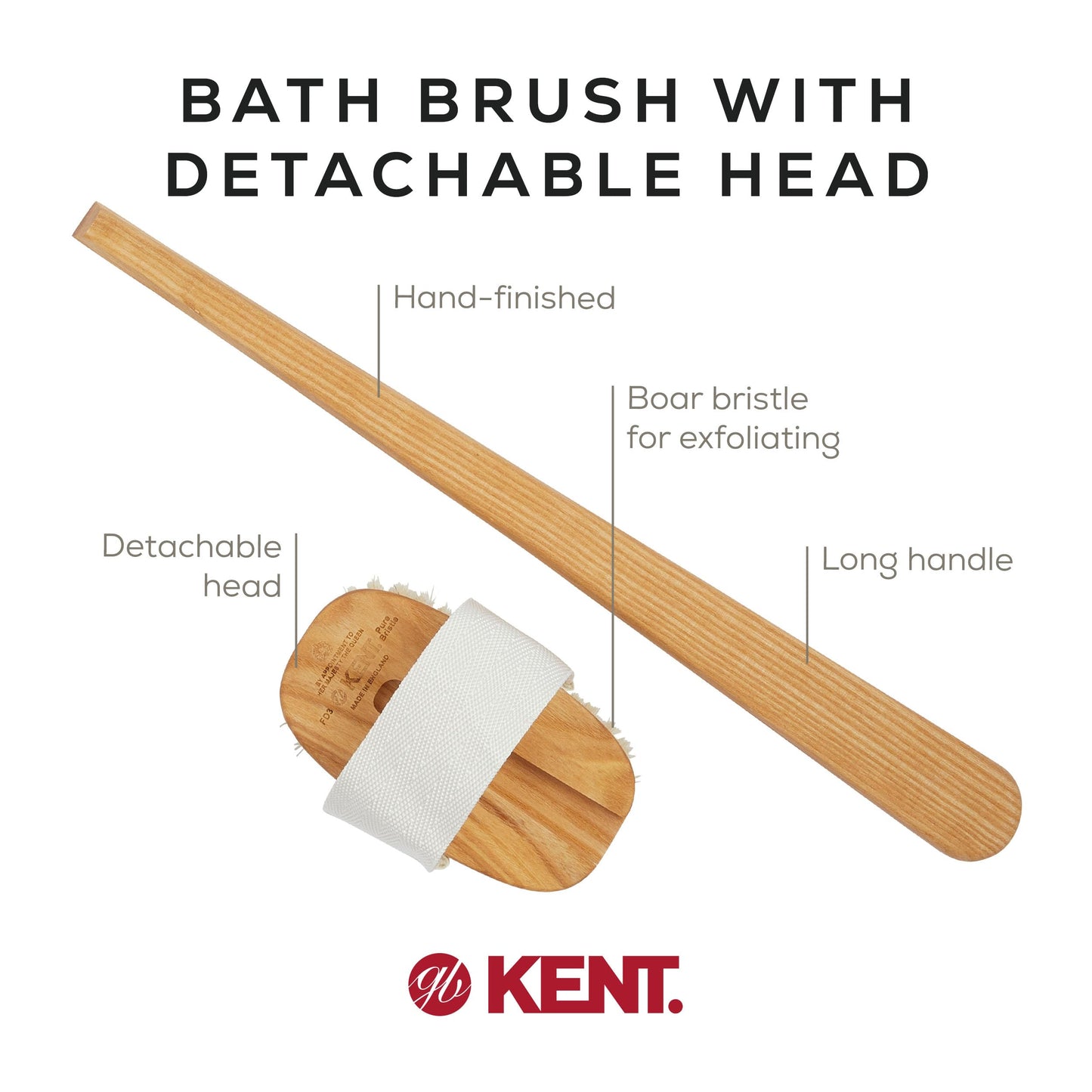 Kent FD3 Luxury Beechwood Body Scrubbing Exfoliating Bath/Shower Brush with 100% Pure White Bristle. Long Handle with Detachable Head, Wet/Dry Back Beauty and Personal Care KENT
