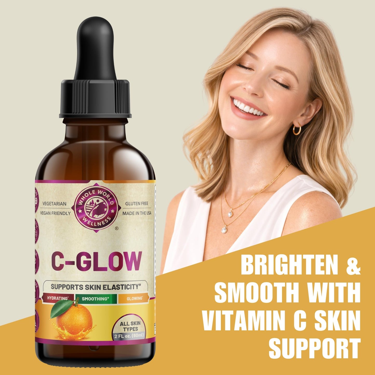 C Glow Vitamin C Liquid Serum | Supports Skin Elasticity & Hydration | Ascorbic Acid, Dandelion Extract, Vitamin E | Gluten Free, Vegan Friendly, Soy Beauty & Personal Care WHOLE WORLD WELLNESS