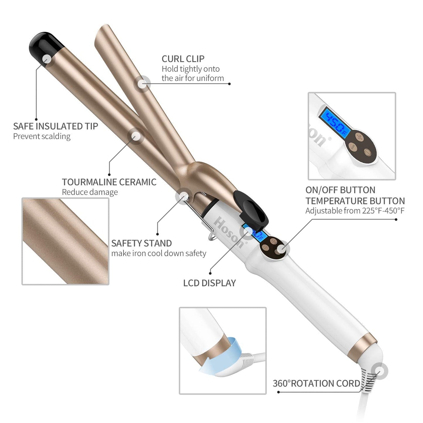 Hoson 1 Inch Curling Iron Professional Ceramic Tourmaline Coating Barrel Hair Curler, LCD Dispaly with 9 Heat Setting(225°F to 450°F for All Hair Beauty & Personal Care Hoson