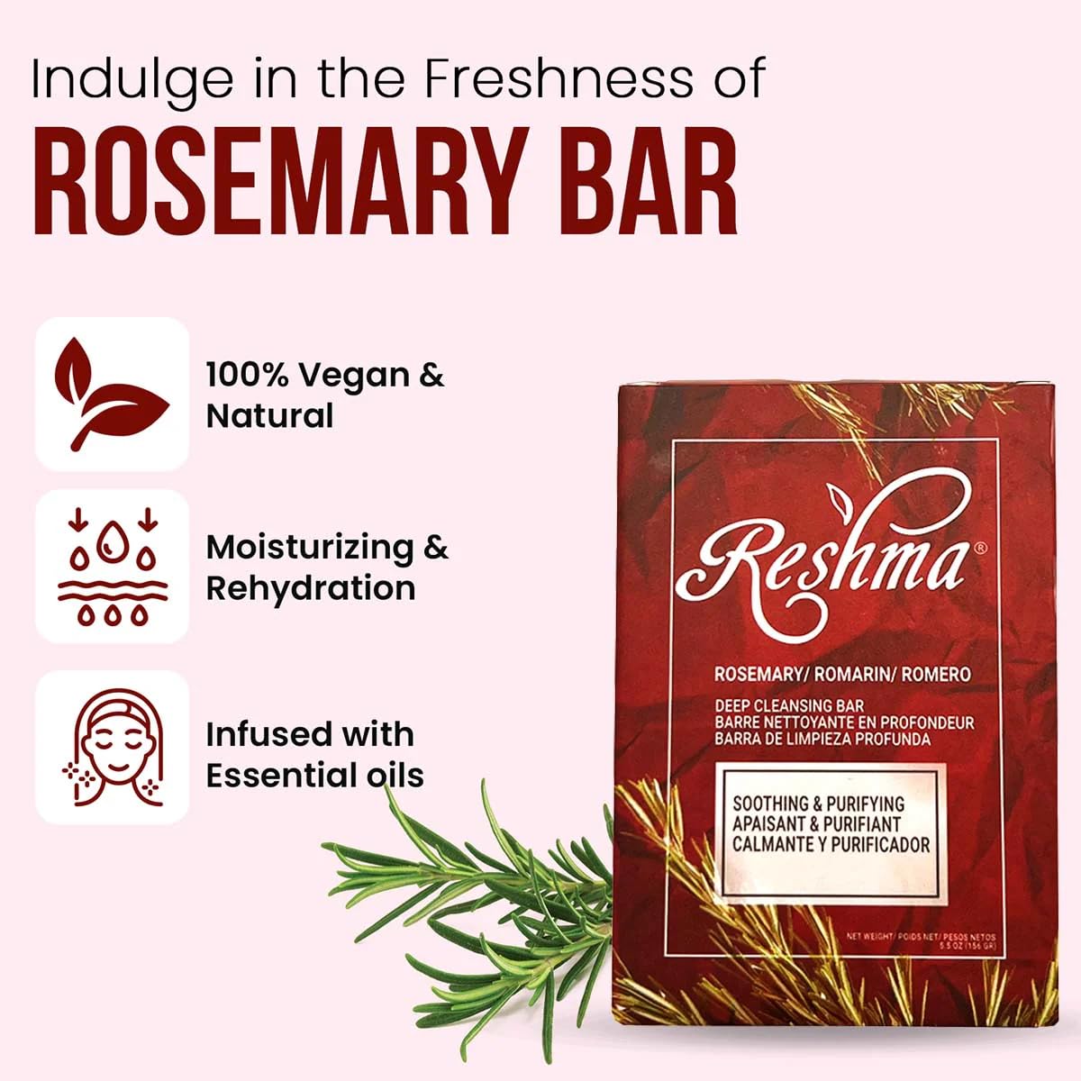 Reshma Beauty Rosemary Soap, Infused with Rosemary Oil and Olive Oil, Anti-Aging Face & Body Soap Bar, Suitable for Normal to Dry Skin, Calming Beauty & Personal Care Reshma Beauty