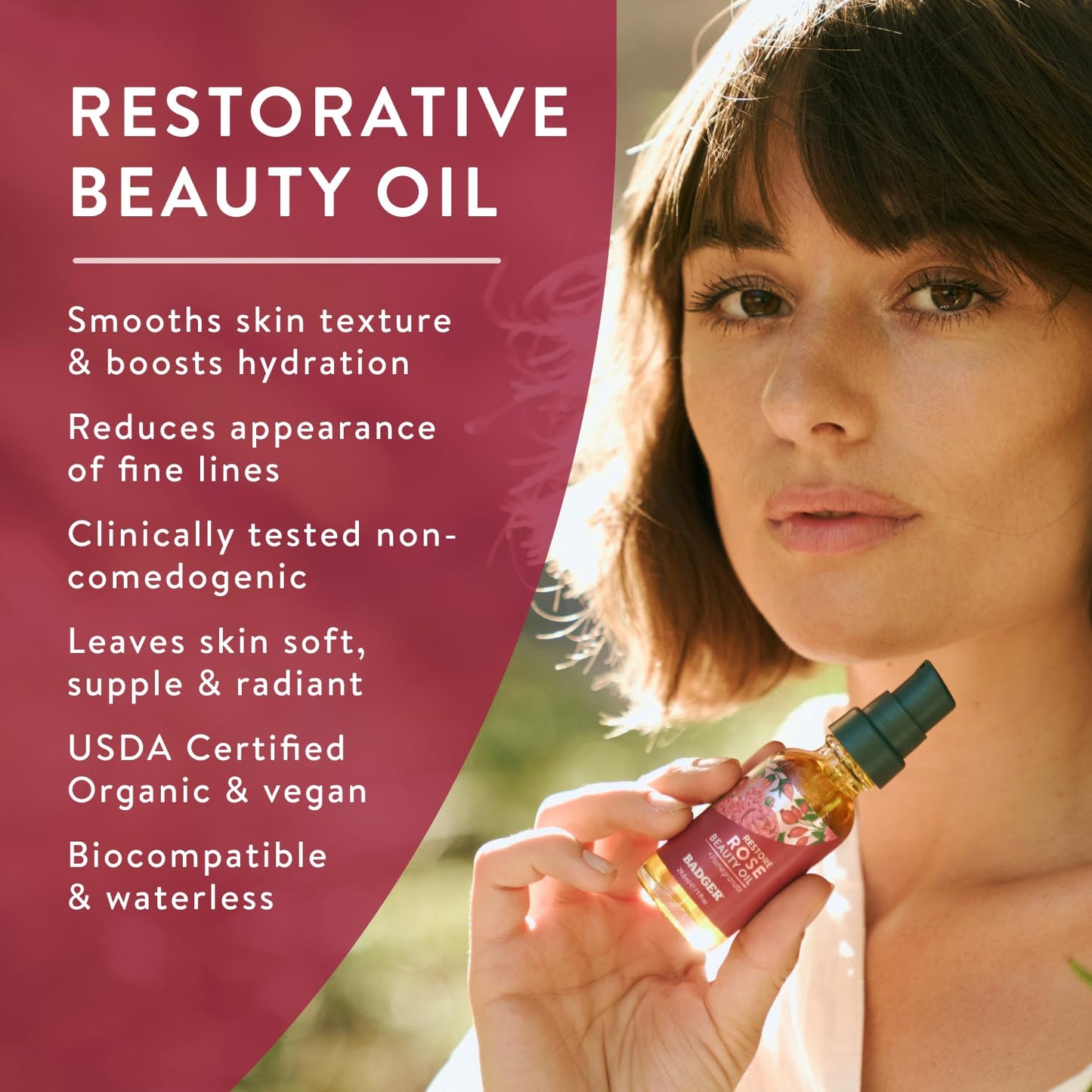 Badger Rose Face Oil, 100% Organic Face Moisturizer, Nourishing & Soothing Organic Jojoba Oil & Rose Oil, Vegan Antioxidant Rich Moisturizing Facial Beauty & Personal Care Badger