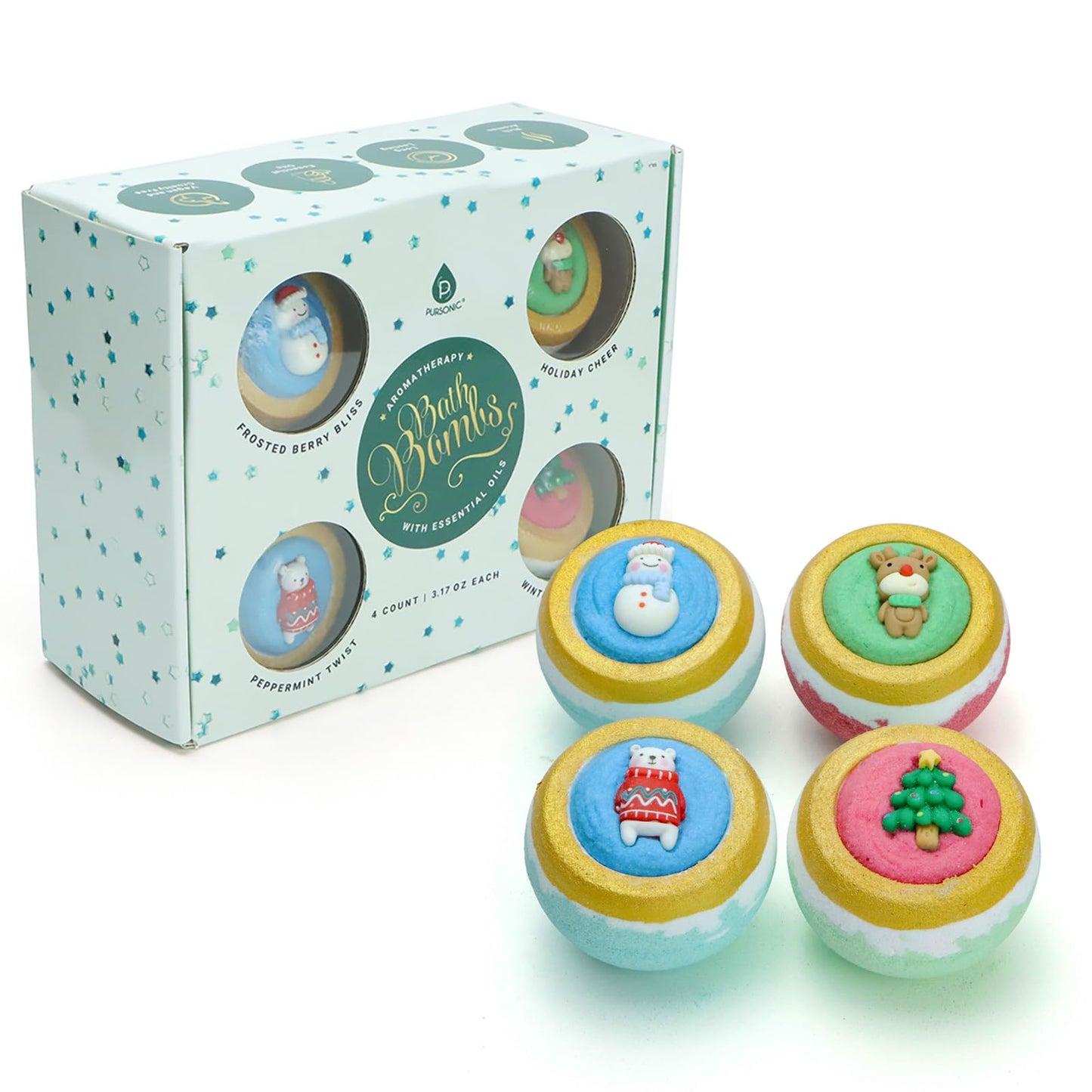 Pursonic Bath Bombs Gift Set - 4 Pcs Essential Oils Bath Bombs for Women - Spa Fizzies, Relaxation Christmas Gifts for Women (Berry Bliss, Holiday… Beauty & Personal Care Pursonic