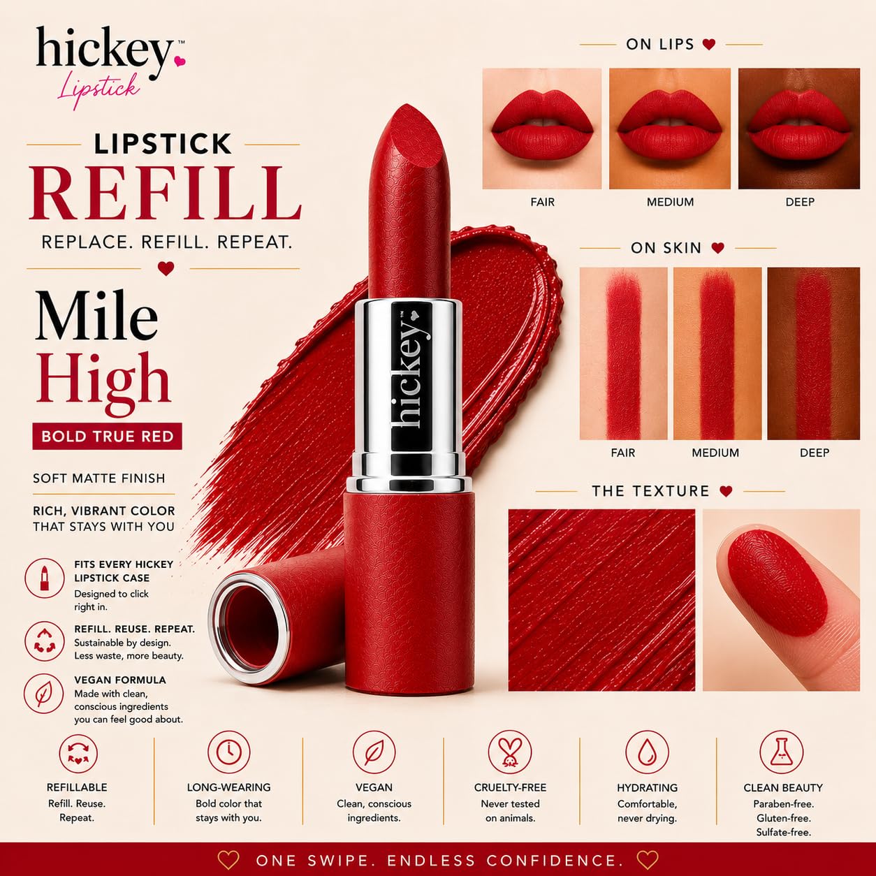 Hickey Lipstick Mile High Organic Perfect Red Lipstick Refill - Long Lasting Lipstick for Women - Hydrating & Moisturizing Shade, Best Lip Color for Beauty & Personal Care Hickey
