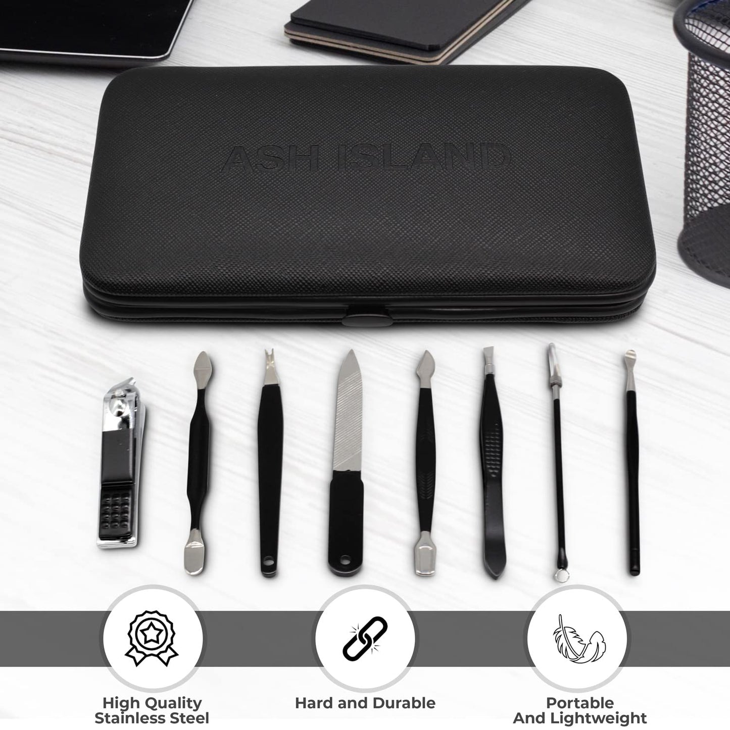 ASH ISLAND Nail Clippers Set - Black Stainless 12 in 1 For Men And Women Manicure Pedicure Travel Kit Luxury Nail File Sharp Nail Scissors Fingernails Beauty & Personal Care ASH ISLAND