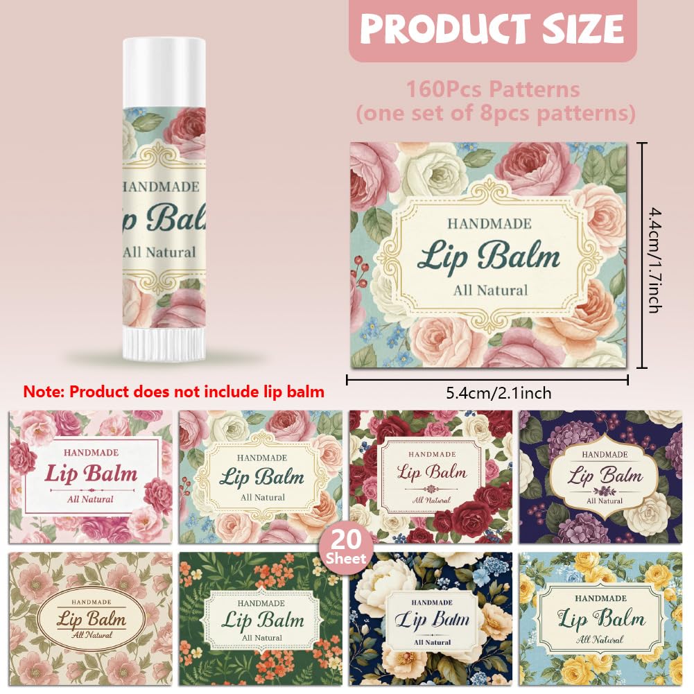 Peacoblue 160Pcs Lip Balm Labels Sticker for Tubes 2.1"x1.7" Vintage Large Flowers, 8 Styles Waterproof Chapstick Labels Glossy for Homemade Lip Balm Beauty and Personal Care peacoblue