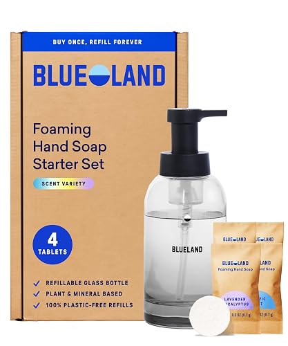 BLUELAND Hand Soap Starter Set, 1 Refillable Glass Foaming Hand Soap Dispenser in Slate with 4 Refill Tablets, Variety Scents, 4 x 9 Fl oz Beauty & Personal Care BLUELAND