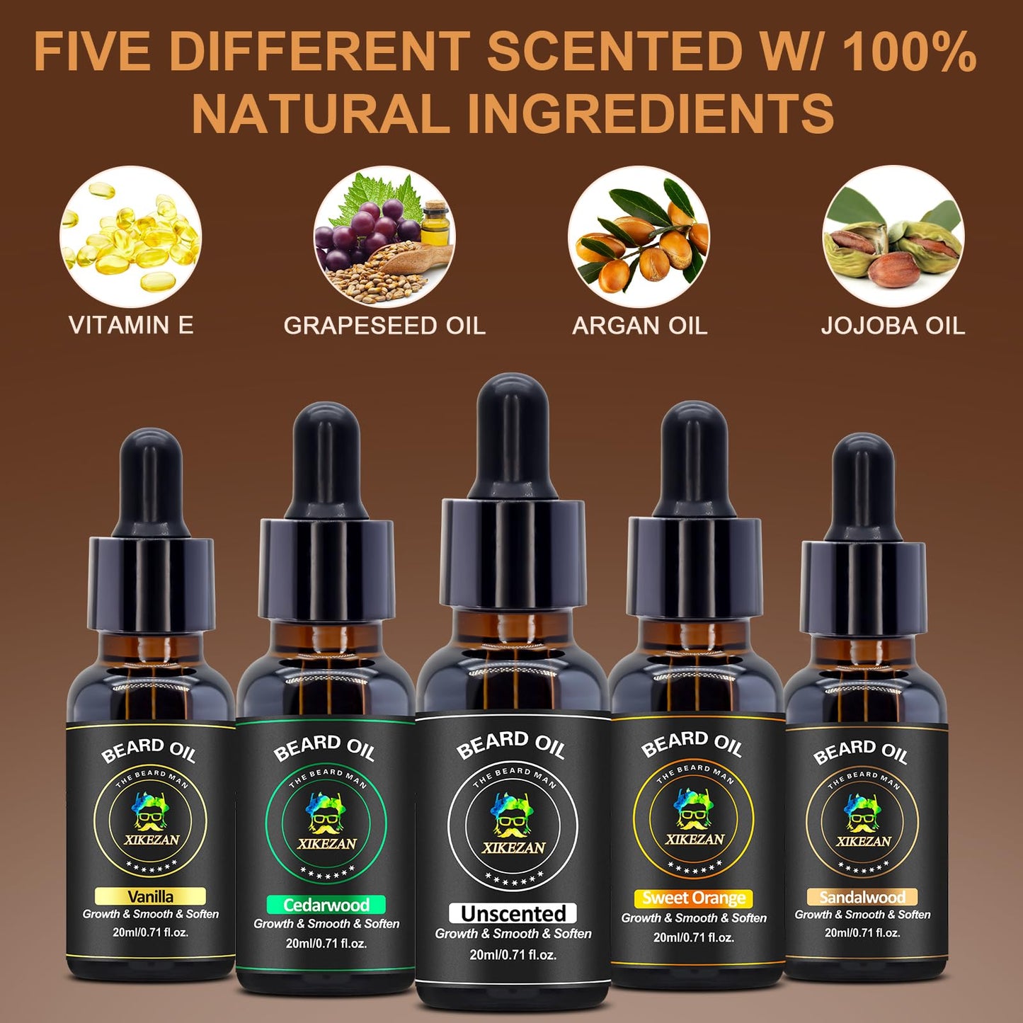 XIKEZAN 5 Pack Beard Oil Set w/Sandalwood, Orange, Vanilla, Cedarwood, Unscented for Beard Care, Moisturizing, Soften,Birthday Gifts for Men Him Dad Beauty and Personal Care XIKEZAN