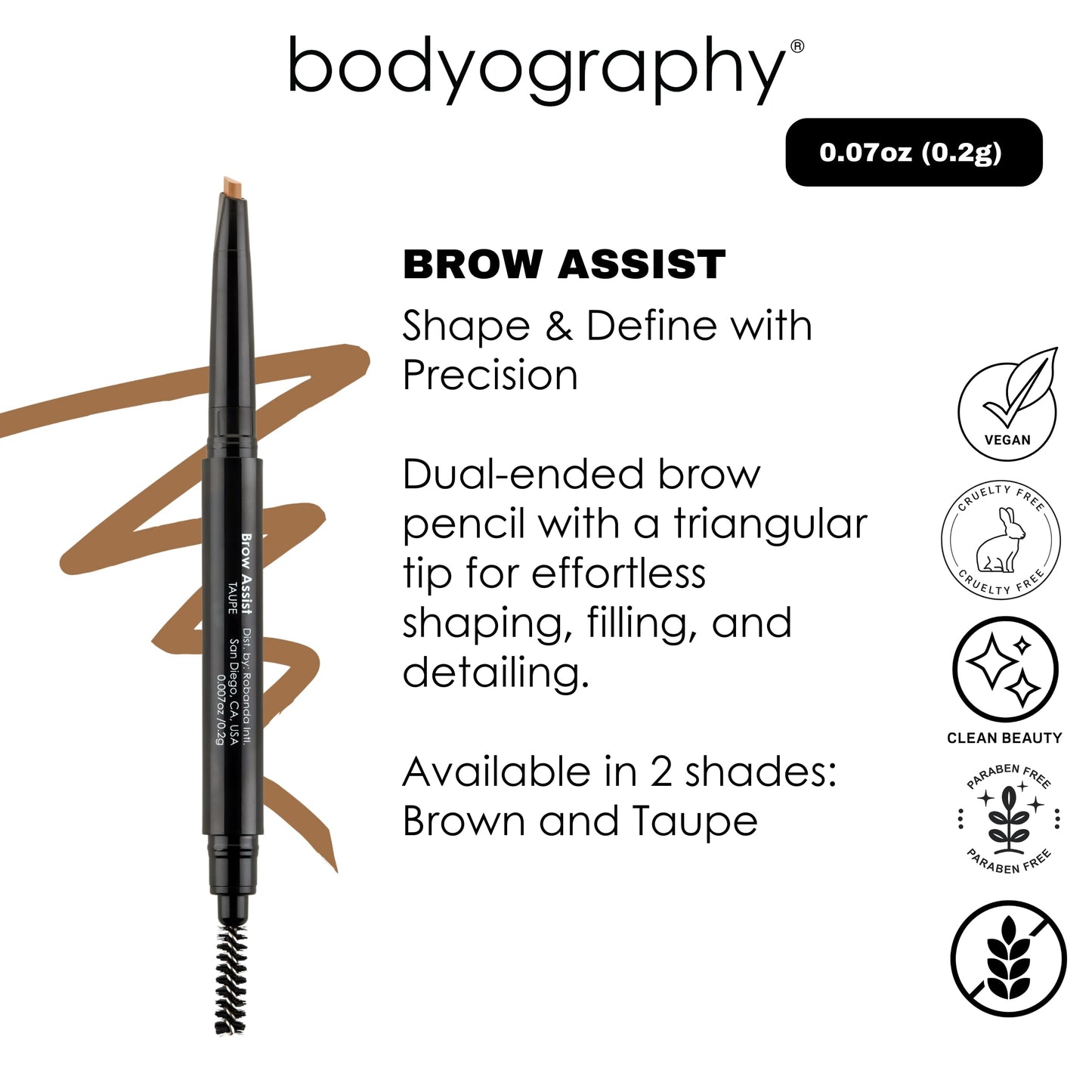 Bodyography Brow Assist - Taupe | Triangular Tip Eyebrow Pencil for Women with Built-In Spoolie | Defines, Fills & Shapes Brows | Mineral-Based Beauty & Personal Care Bodyography