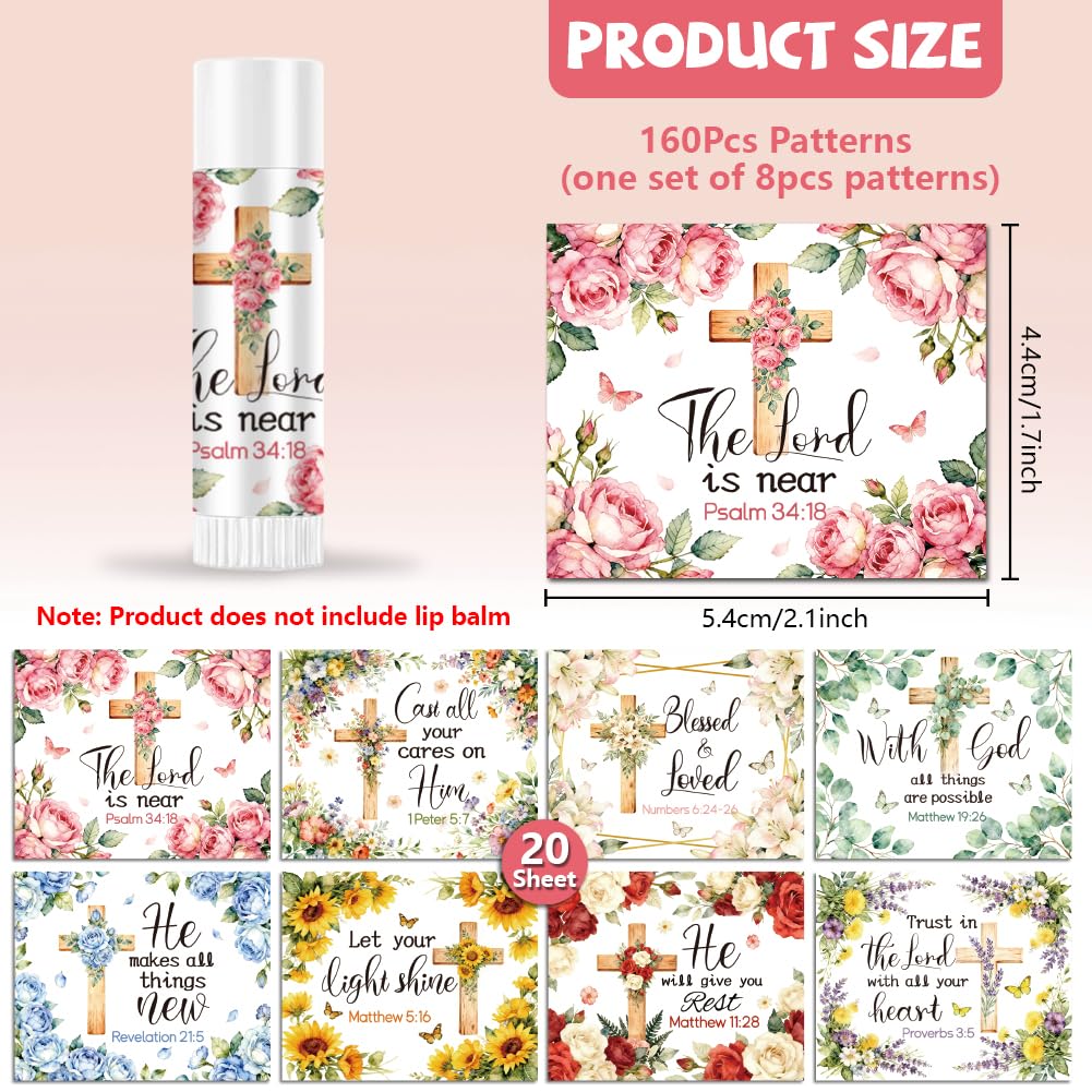 Peacoblue 160Pcs Lip Balm Labels Sticker for Tubes 2.1"x1.7" Bible Flowers and Cross, 8 Styles Waterproof Chapstick Labels Glossy for Homemade Lip Beauty and Personal Care peacoblue