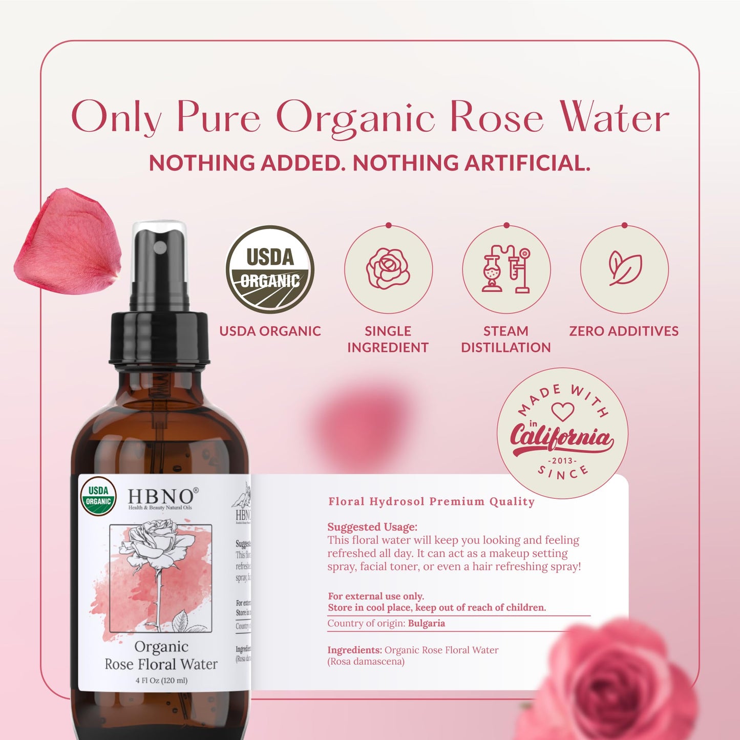 HBNO California Bottled Organic Rose Water for Face 4 fl oz (120ml) - USDA Certified Organic Rose Water Spray for Cleansing- Pure Rosewater for Hair Beauty and Personal Care HBNO