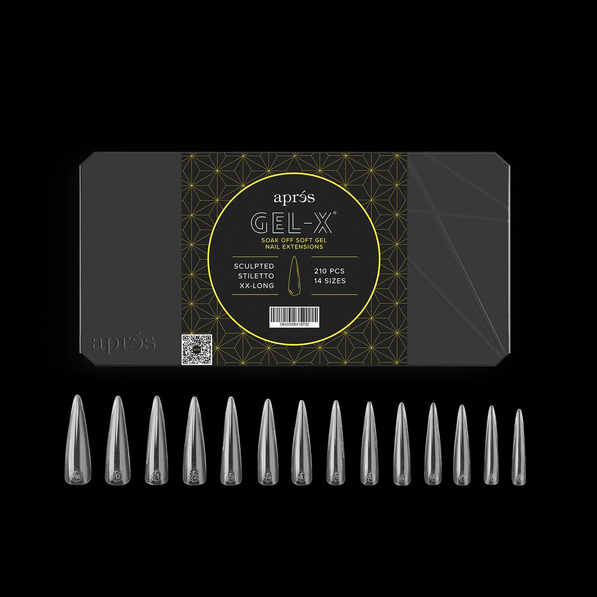 Apres Gel-X Sculpted Box of Nail Tips, 14 Sizes 00-9, Soft Gel Tip Box (210pcs) (Sculpted Stiletto Extra Extra Long, 210)