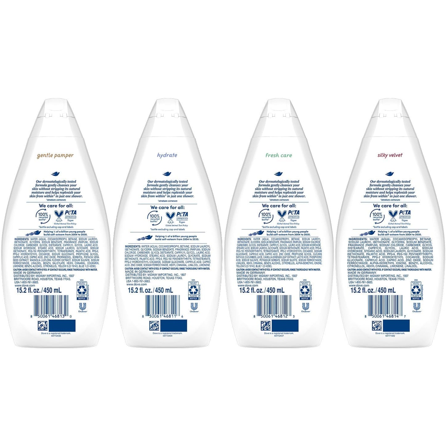 Dove Body Wash Variety 6-Pack - Hydrate, Gentle Pamper, Fresh Care, and Silky Velvet, 15.2 Oz Ea Beauty & Personal Care Dove