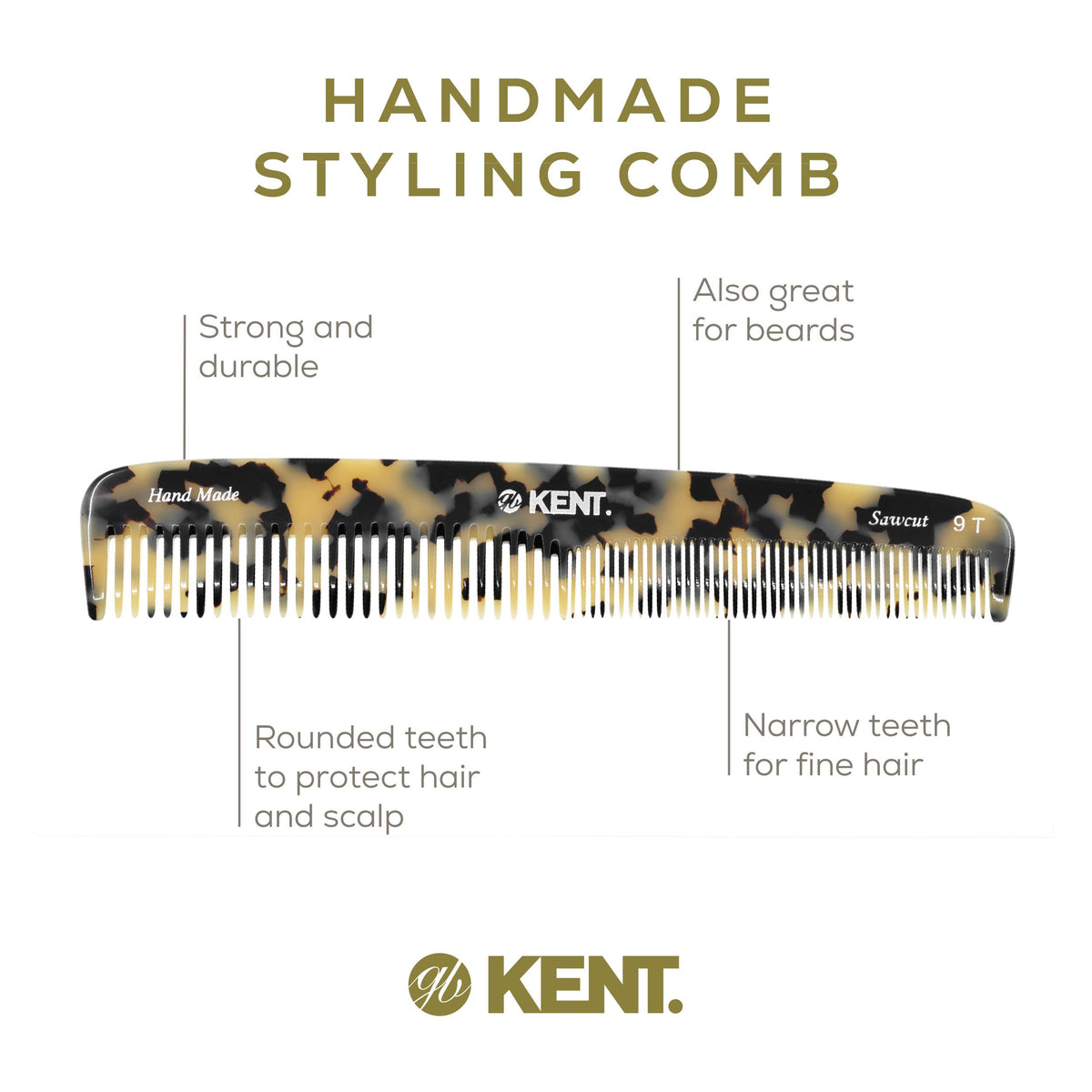 Kent 9T Fine Tooth and Wide Tooth Detangler Comb - Large Handmade Saw-Cut Dressing Comb for Wet Hair and Durable Grooming for Men and Women - Made in
