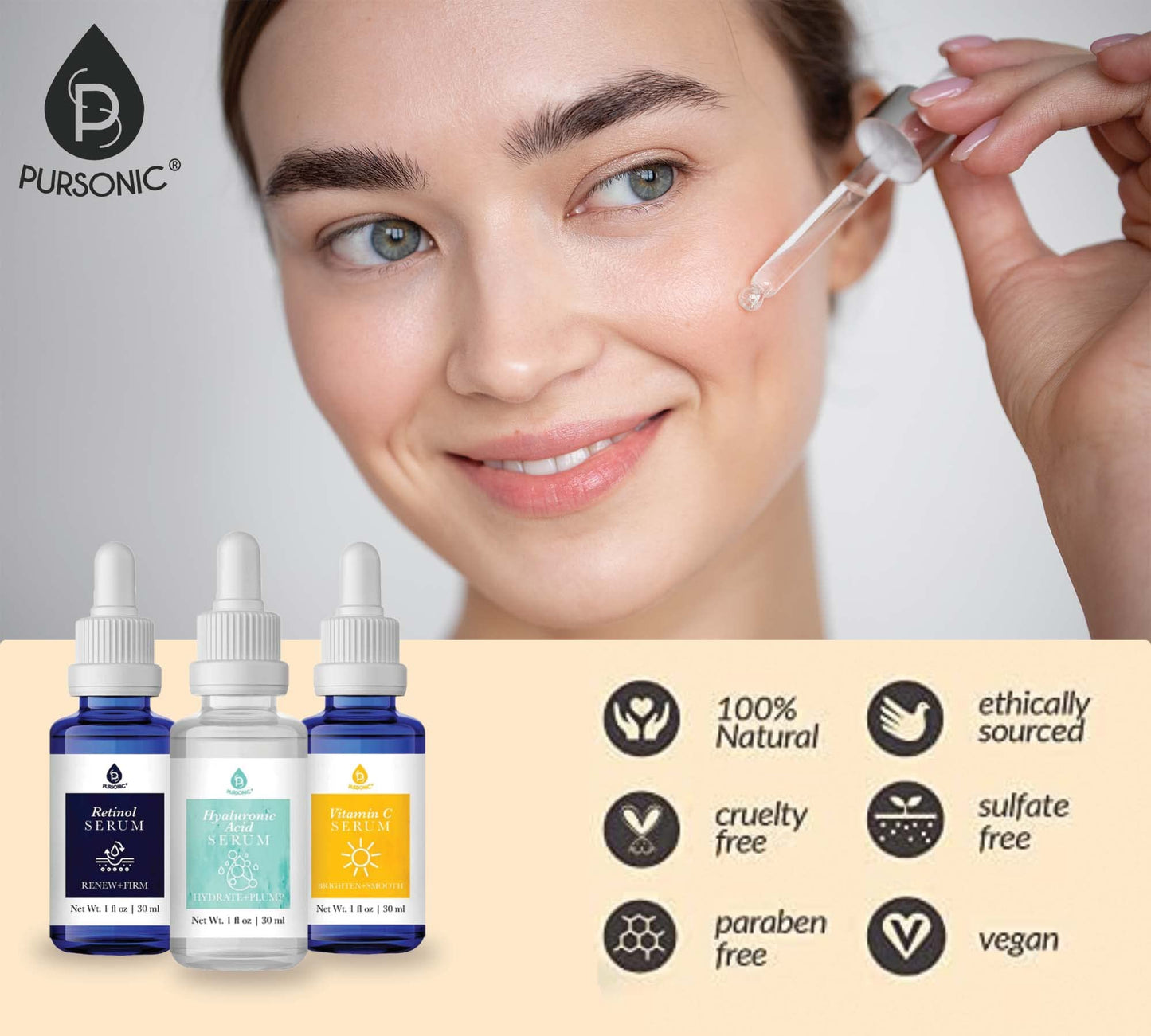 PURSONIC Anti Aging Skin Care Set of 3 - Hyaluronic Acid Serum, Retinol Serum & Vitamin C Face Serum for Women - Nourishing Hydrating Serum for Face Beauty & Personal Care PURSONIC