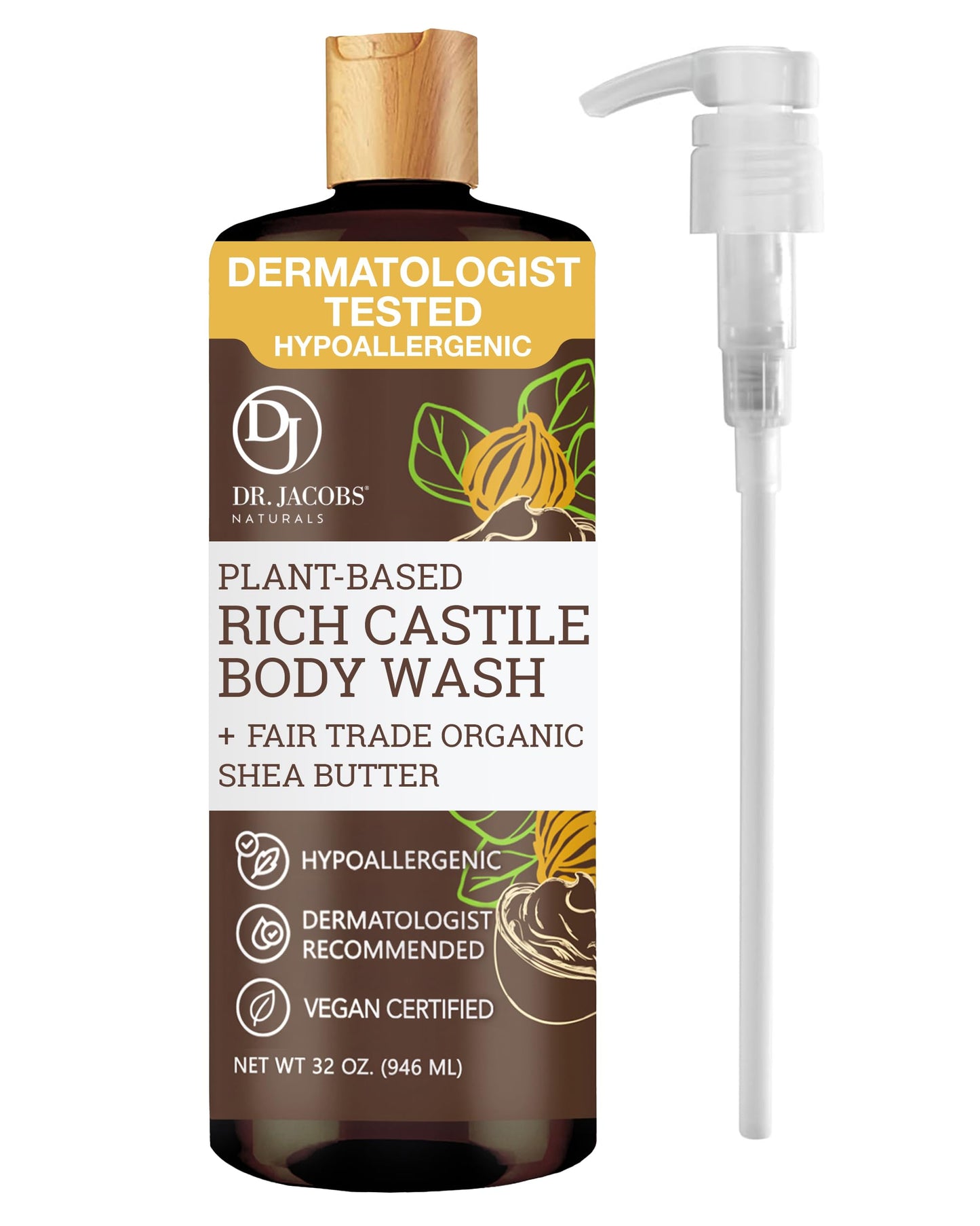 Dr. Jacobs Naturals Castile Shea Butter All-Natural Body Wash for Moisturizing Dry and Sensitive Skin with Plant-Based Ingredients with Pump - 32 Beauty & Personal Care DR.JACOBS NATURALS