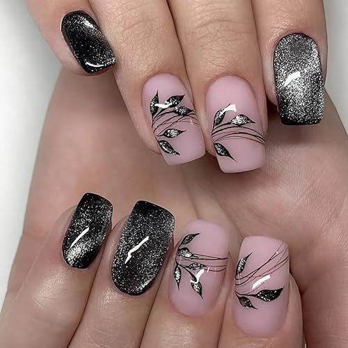 BABALAL Coffin Press on Nails Long Fake Nails Glossy Black French Glue on Nails Goth Ballerina Acrylic Nails 3d Metallic Cross Charm Designs 24pcs Beauty & Personal Care BABALAL