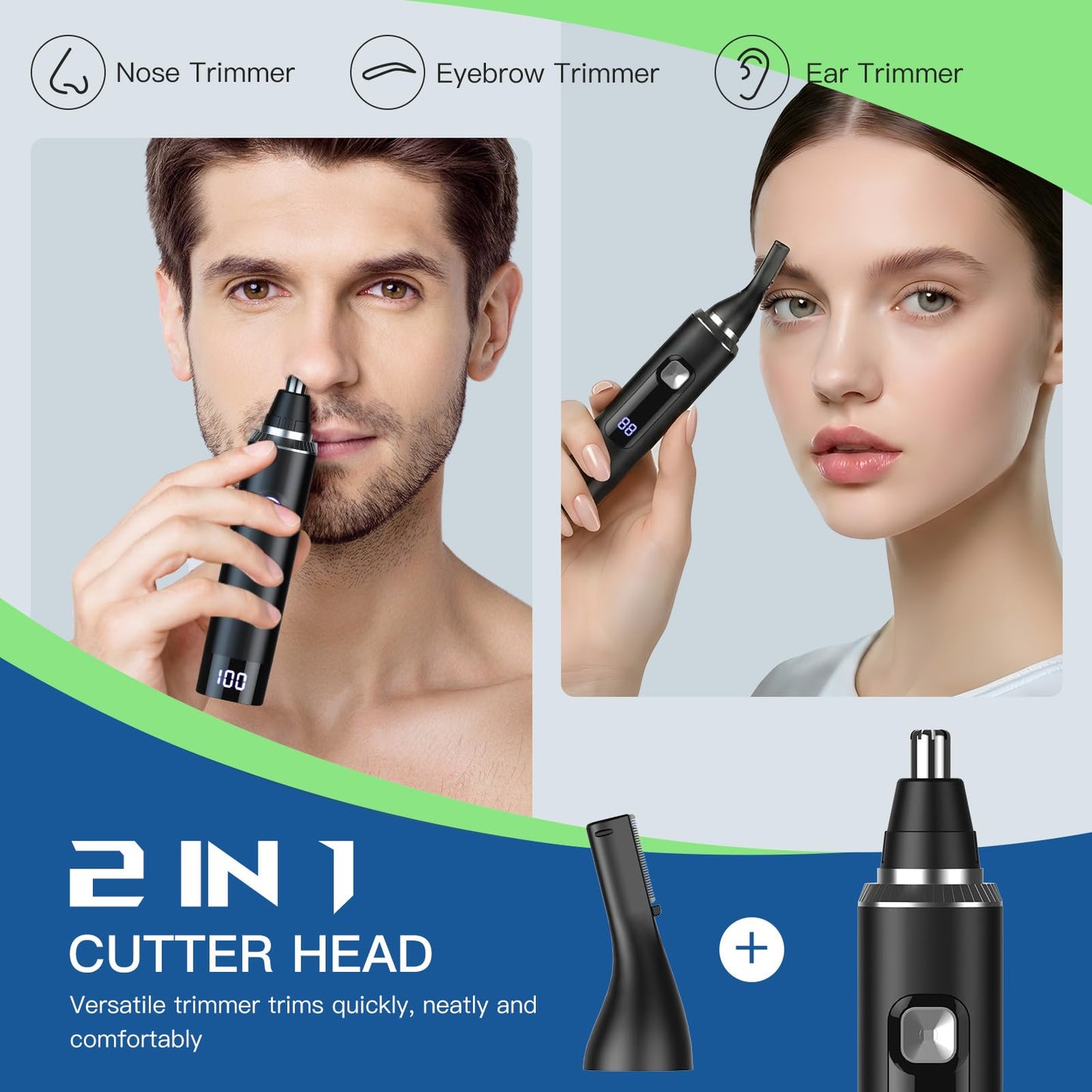 Ginity Nose Hair Trimmer for Men, 2-in-1 Rechargeable Ear and Nose Hair Trimmer with LED Display, IPX7 Waterproof Painless Precision Groomer, Type-C Beauty and Personal Care Ginity