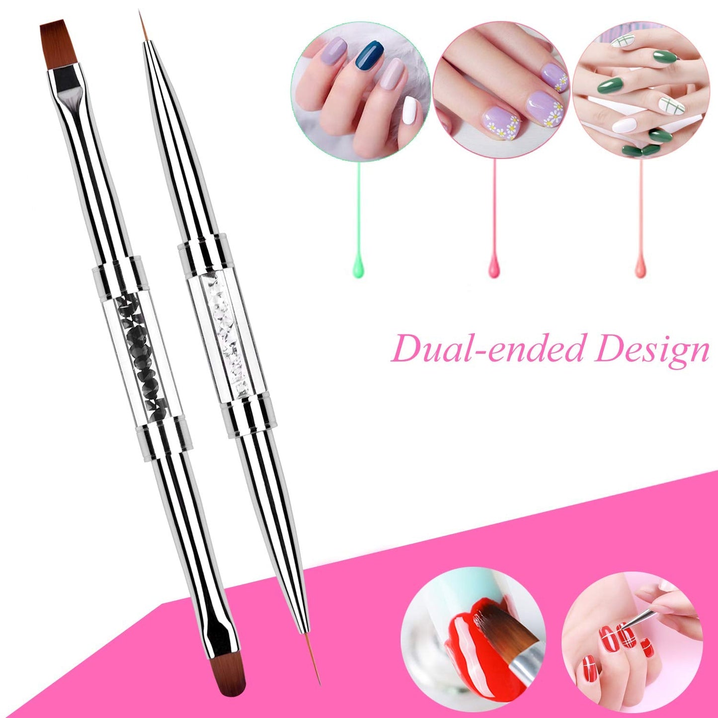 Ycyan 2Pcs Dual-ended Nail Design Brushes Rhinestone Handle UV Gel Nail Brush Set Professional Nail Art Tools Beauty & Personal Care Ycyan