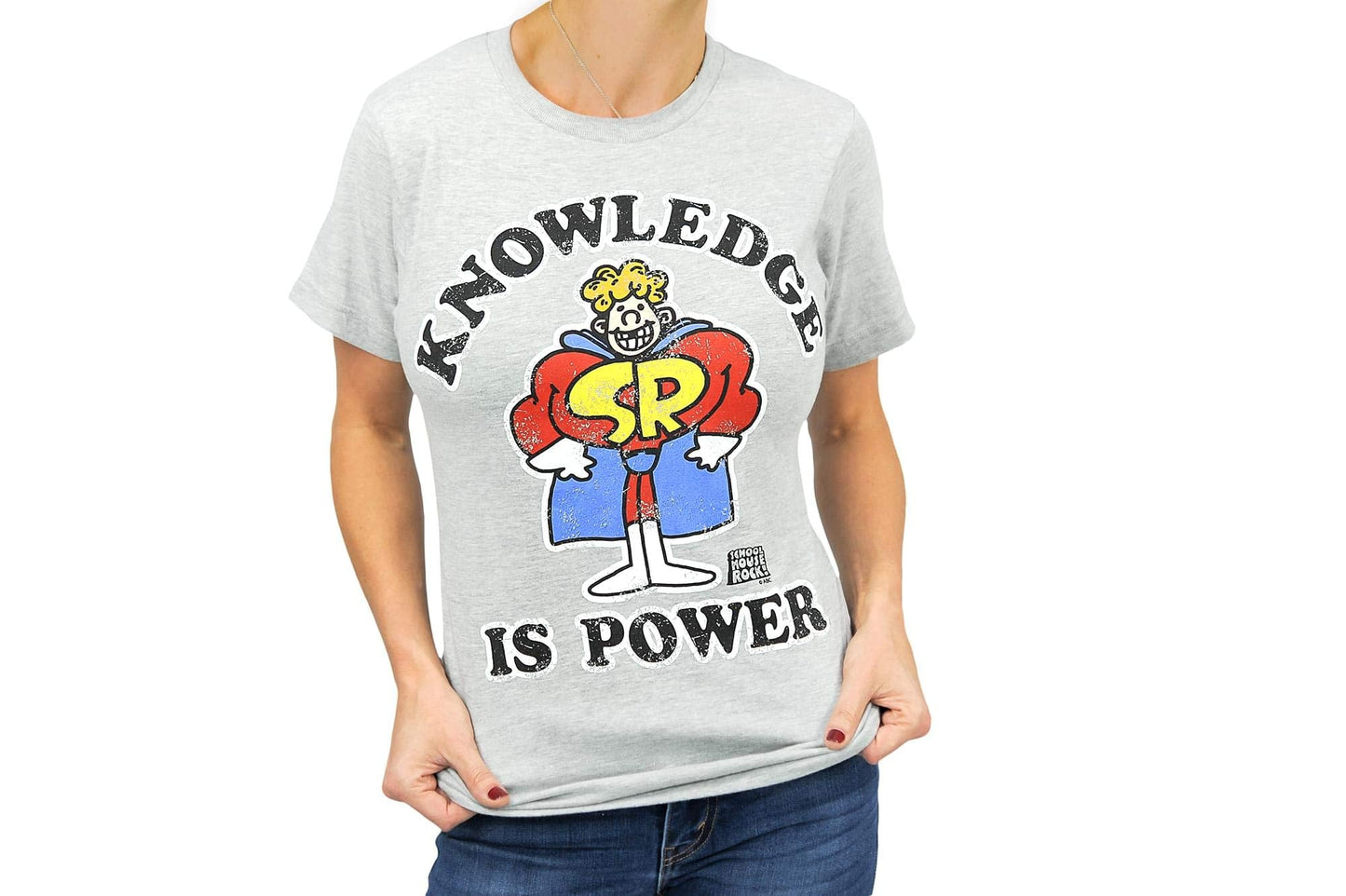 Schoolhouse Rock! Knowledge is Power Adult T-Shirt - Grey, Light-Weight, Short-Sleeve, Unisex, Crew Tee - Features Schoolhouse Rocky Caped Superhero Beauty & Personal Care Ripple Junction