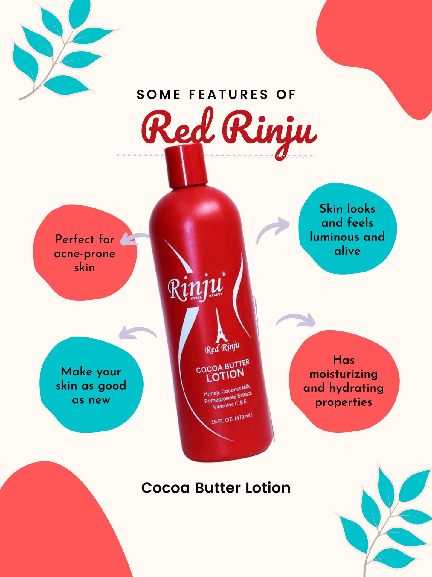 Rinju Cocoa Butter Lotion - Non-Greasy Lotion for Women & Men - 16 oz Cacao Butter Lotion for Extremely Dry Skin - Pomegranate Extracts & Vitamin C Beauty & Personal Care Rinju