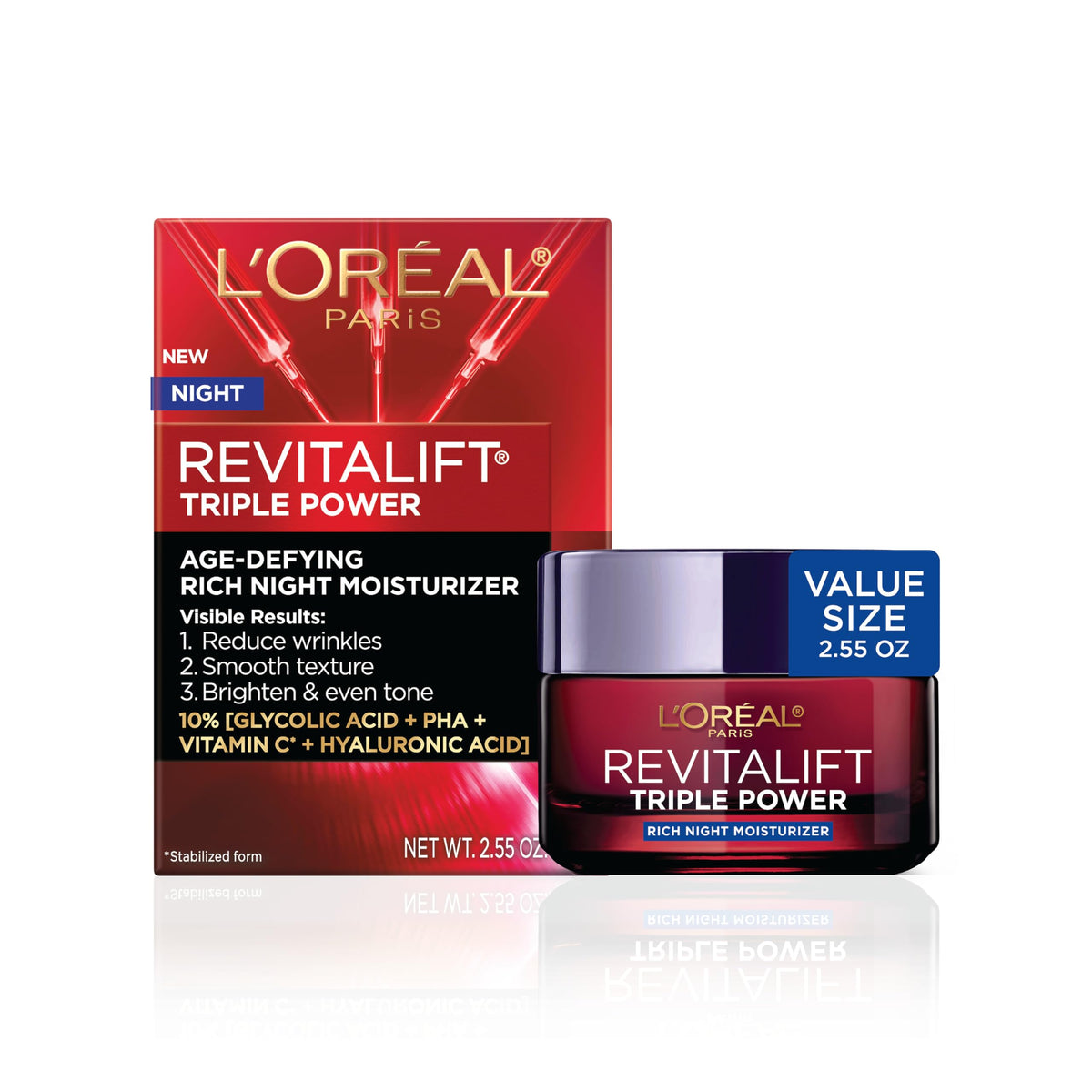 L'Oreal Paris Revitalift Triple Power Rich Night Cream, Anti Aging Moisturizer With Glycolic Acid, Vitamin C & Hyaluronic Acid, Visibly Smooths