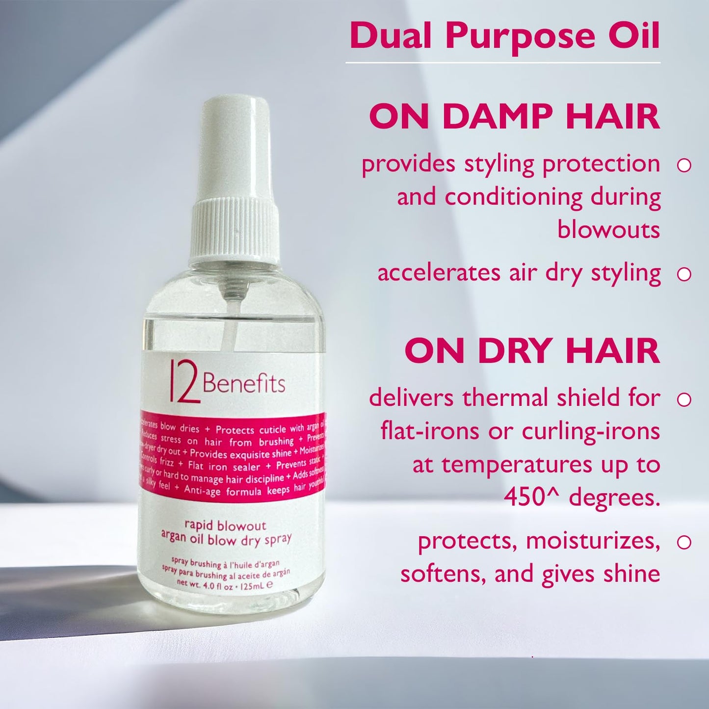 12 Benefits RAPID BLOWOUT ARGAN OIL SPRAY - Cut Blow Dry Time by 40% - Heat Protectant, Nourishes, Smooths Frizz, Adds Shine & Softens Damaged Hair, 4 Beauty & Personal Care 12 Benefits