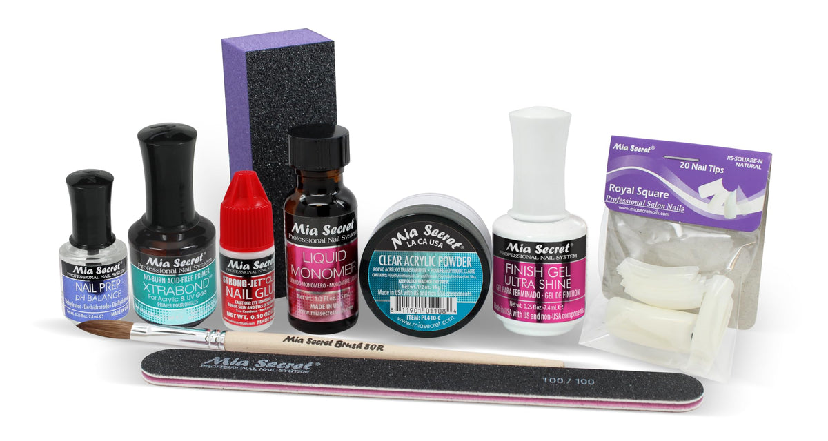 Mia Secret Acrylic Nail Kit: 1/2 oz liquid monomer, 1/2 oz clear acrylic powder, ultra quick nail glue, 1/2 oz ultra gloss top coat, fancy 20 nail