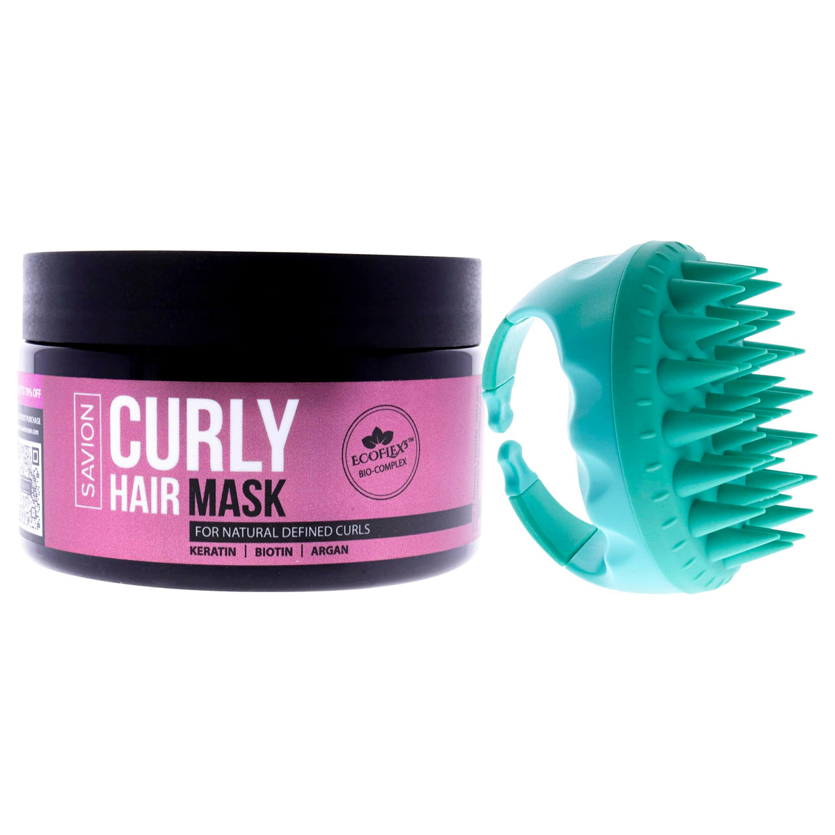 Savion Curly Hair Mask - Bundle for Women - 2 Pc 8.45oz Masque, Scalp Massager